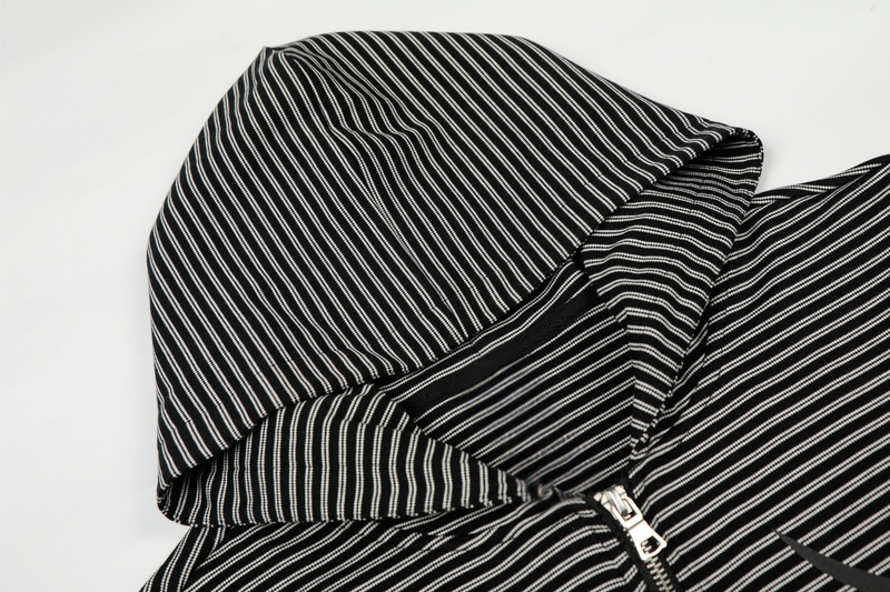 Close-up of hood and front zipper on black striped zip hoodie