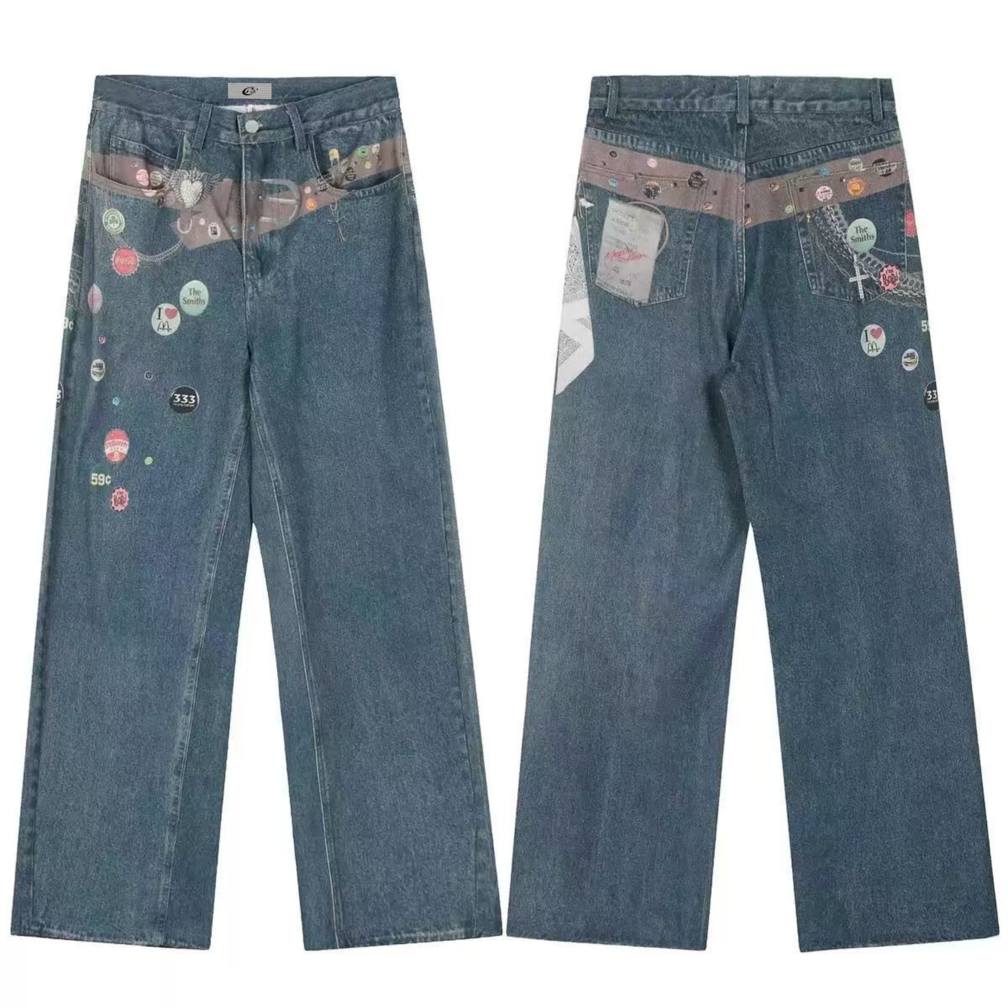 Front and back view of medium-wash wide-leg jeans with printed pin-badge graphics and contrast waist panel