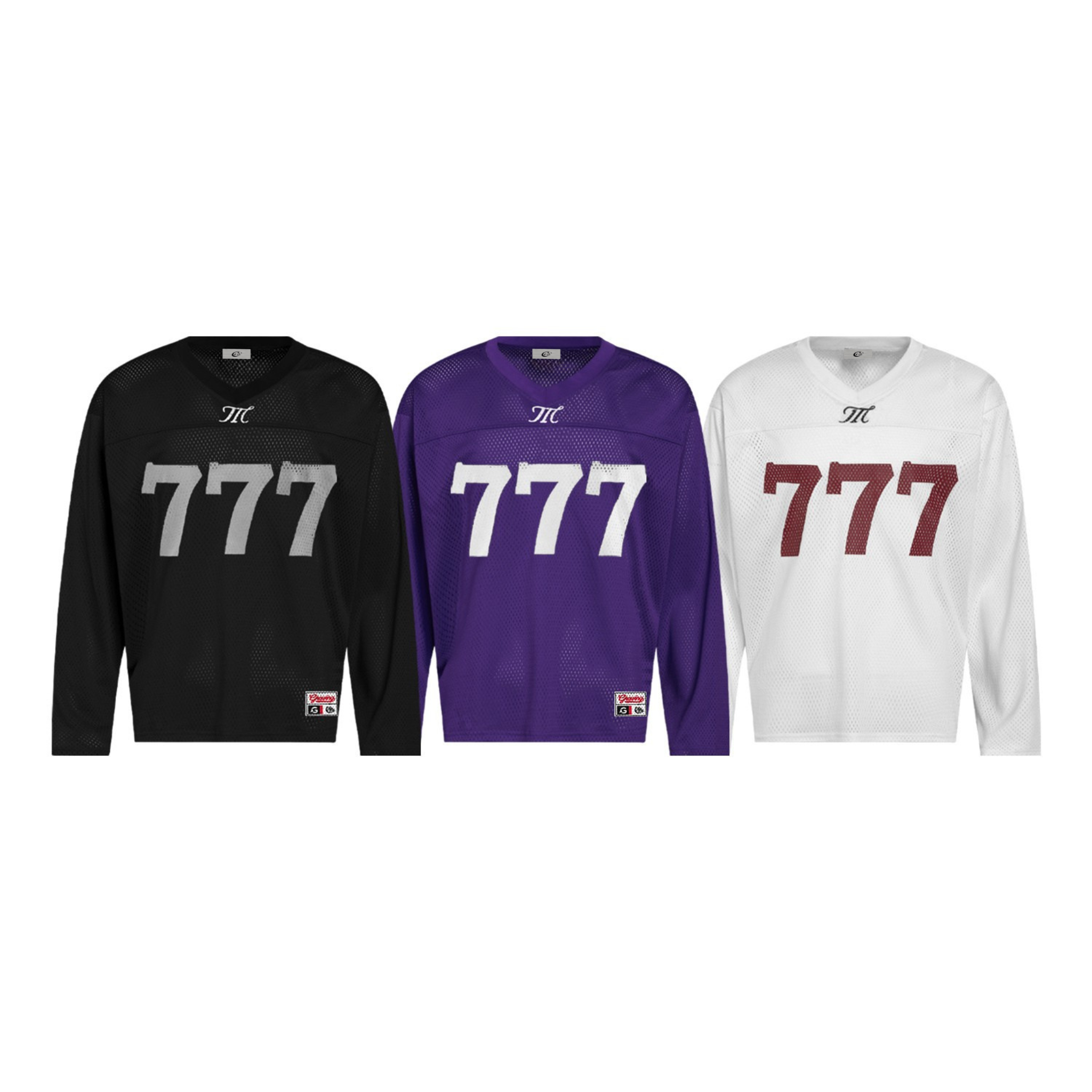 Three Omirad 777 mesh jerseys displayed side by side in black, purple, and white colorways with oversized 777 front graphics