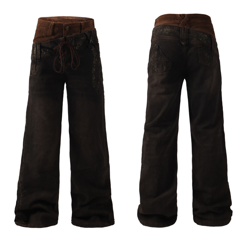 Front and back views of dark brown dual-waist wide-leg jeans with lace-up detail