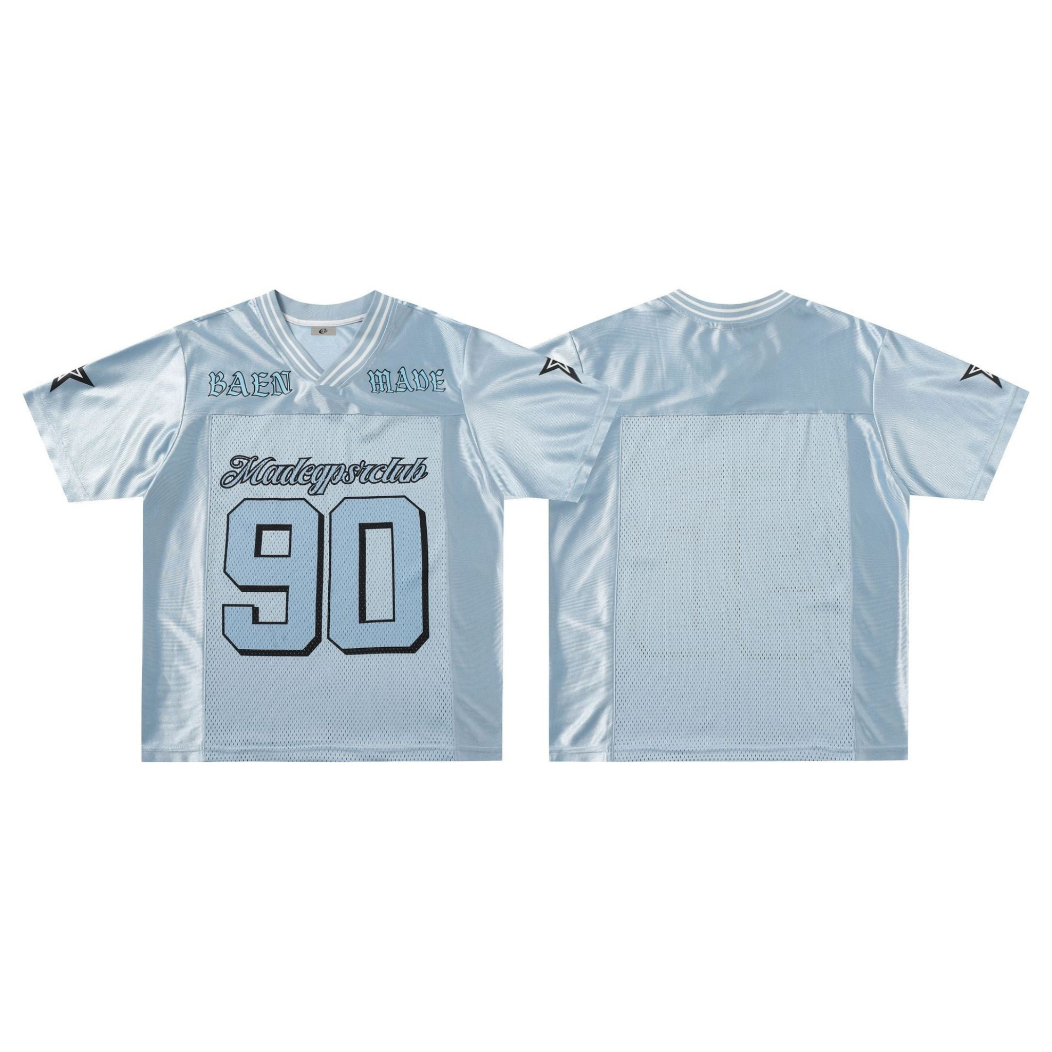 Light blue oversized mesh varsity jersey tee showing front and back, with number 90 graphic and BAEN MADE lettering