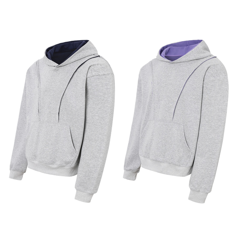 Light gray hoodie front view with navy and purple contrast hood lining