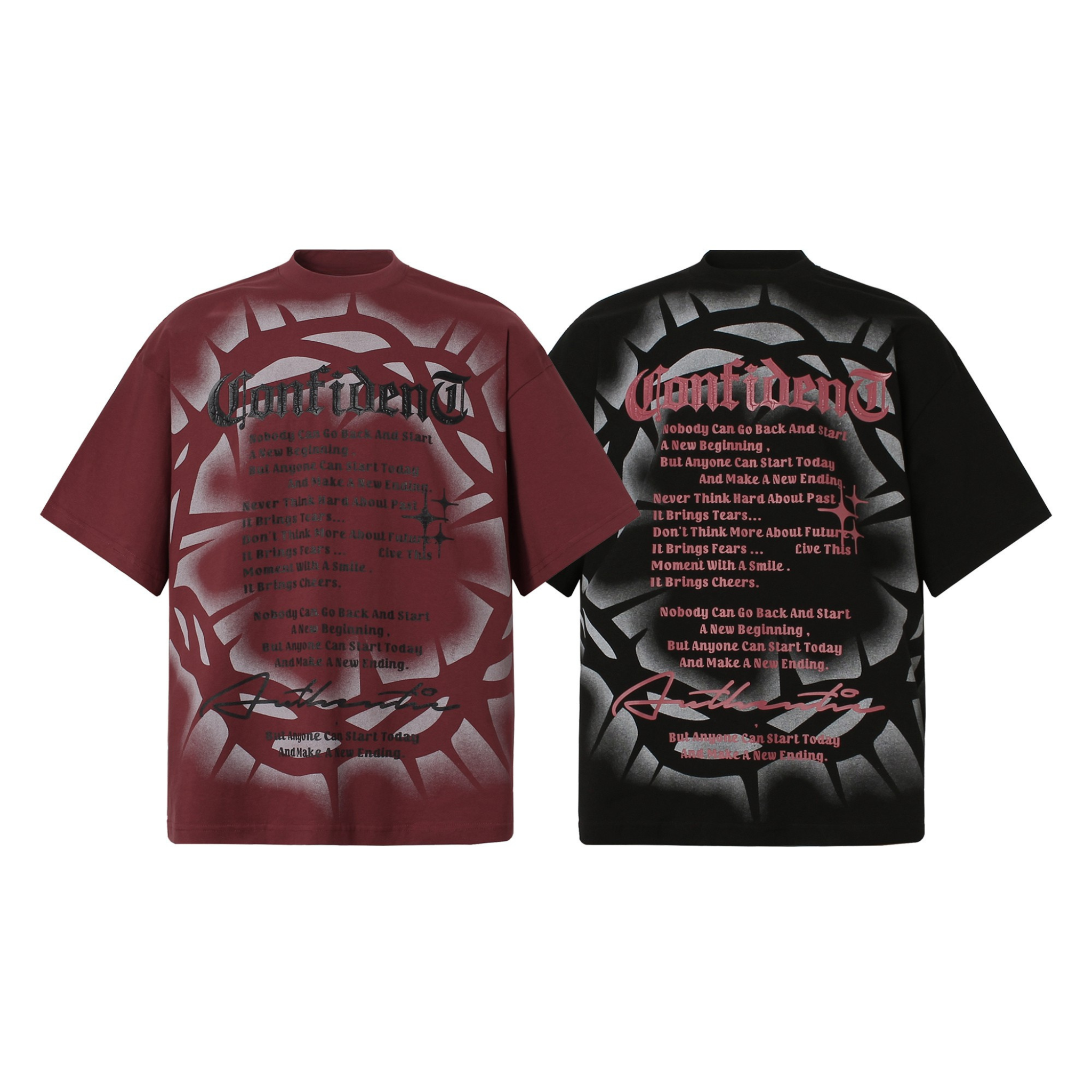 Burgundy oversized gothic airbrush crown of thorns typography t-shirt with motivational text print, front view