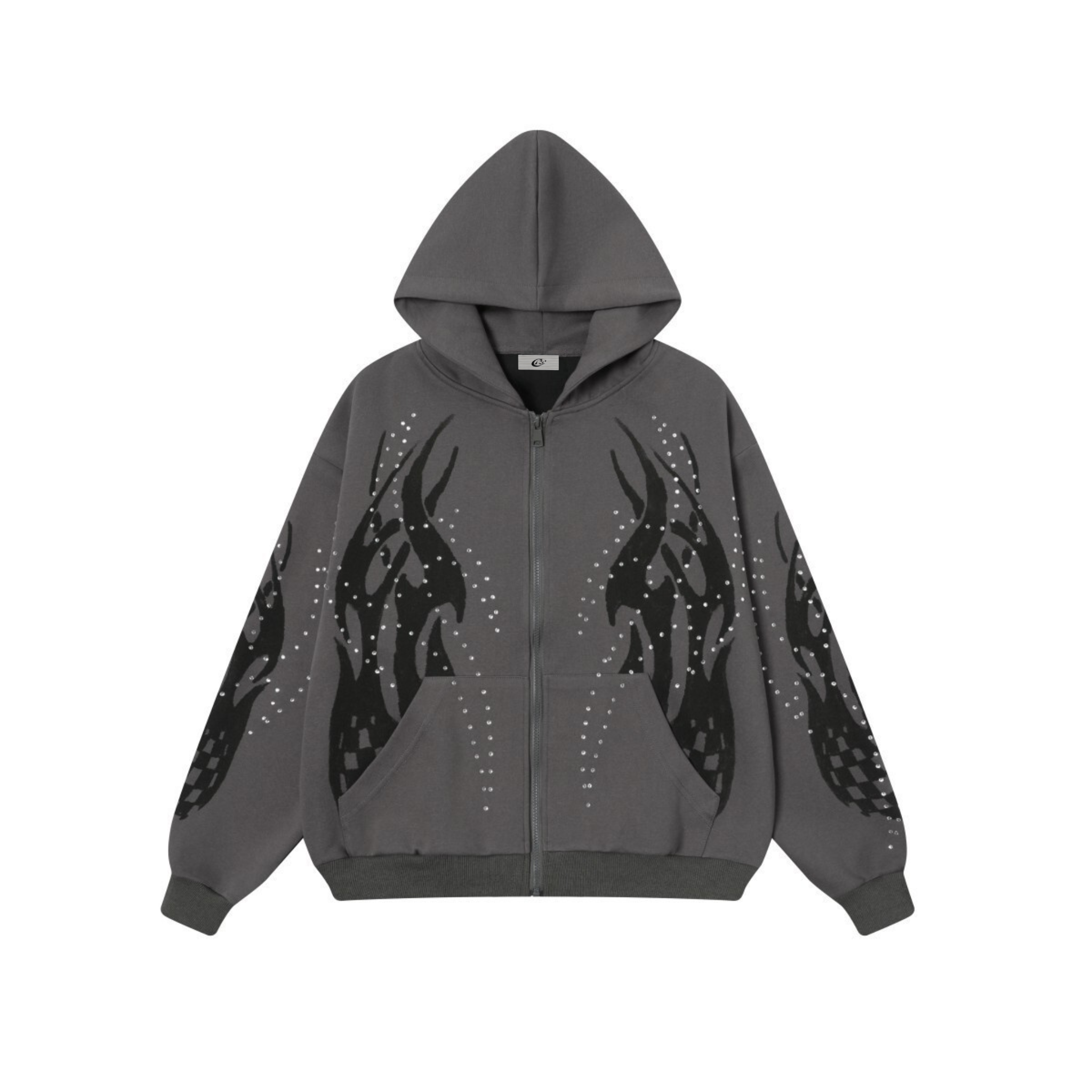 Flame Print Rhinestone Zip-Up Hoodie | Streetwear Oversized