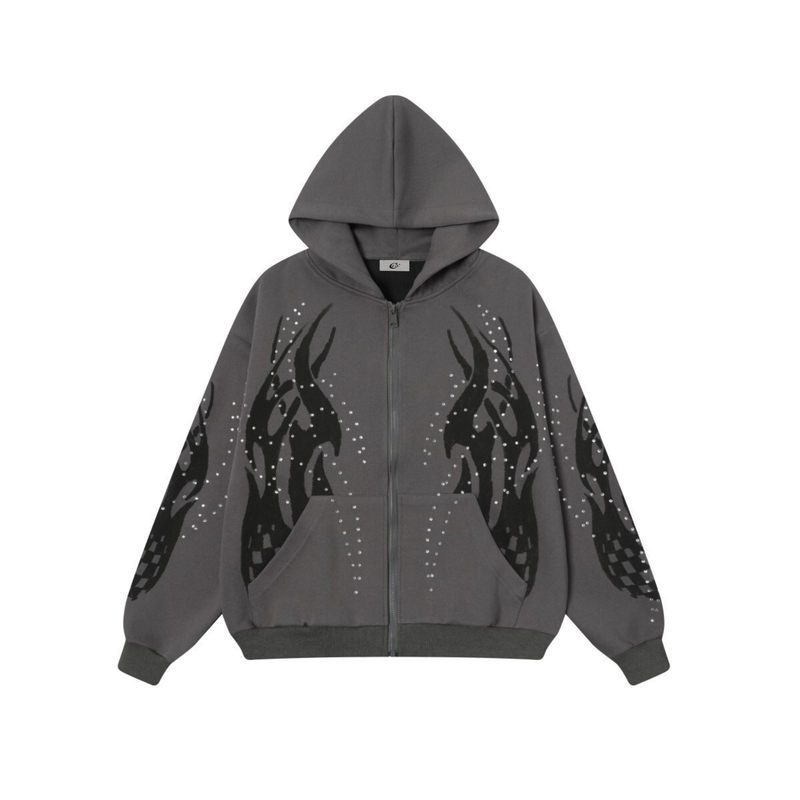 Charcoal gray zip-up hoodie with black flame graphics and white rhinestone accents, front view