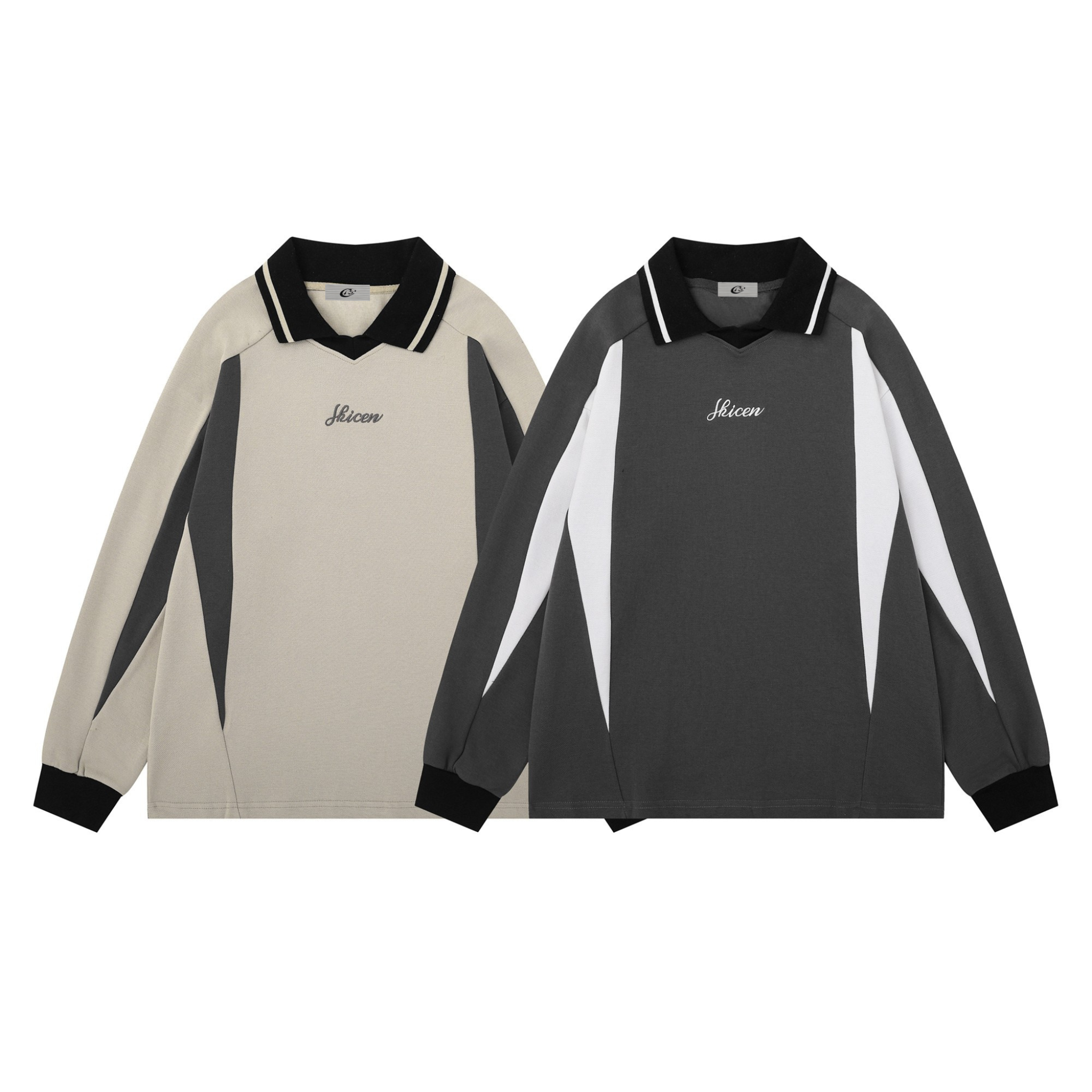 Cream and charcoal contrast panel polo sweatshirts with angular color-block design and embroidered chest logo, shown flat lay