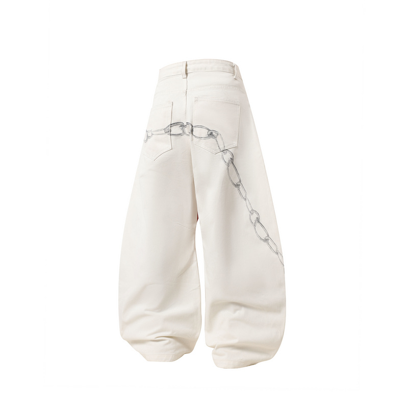 Cream barrel-leg jeans with chain graphic across the back, rear view