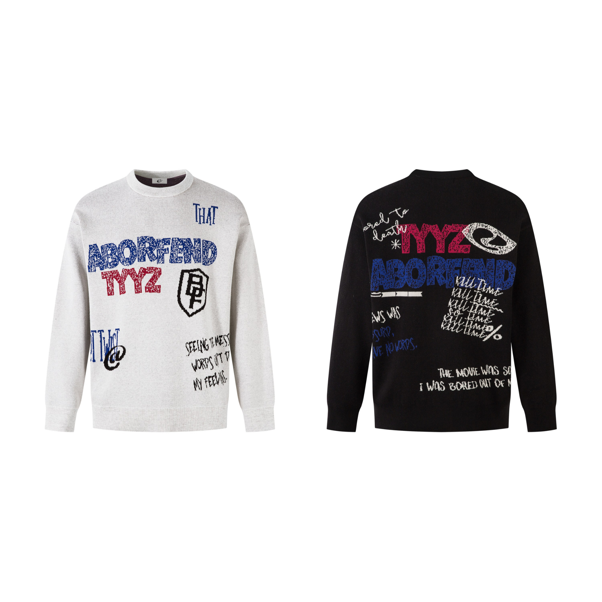 Heather grey graffiti embroidered knit sweater with blue and red lettering and shield badge graphic on the front