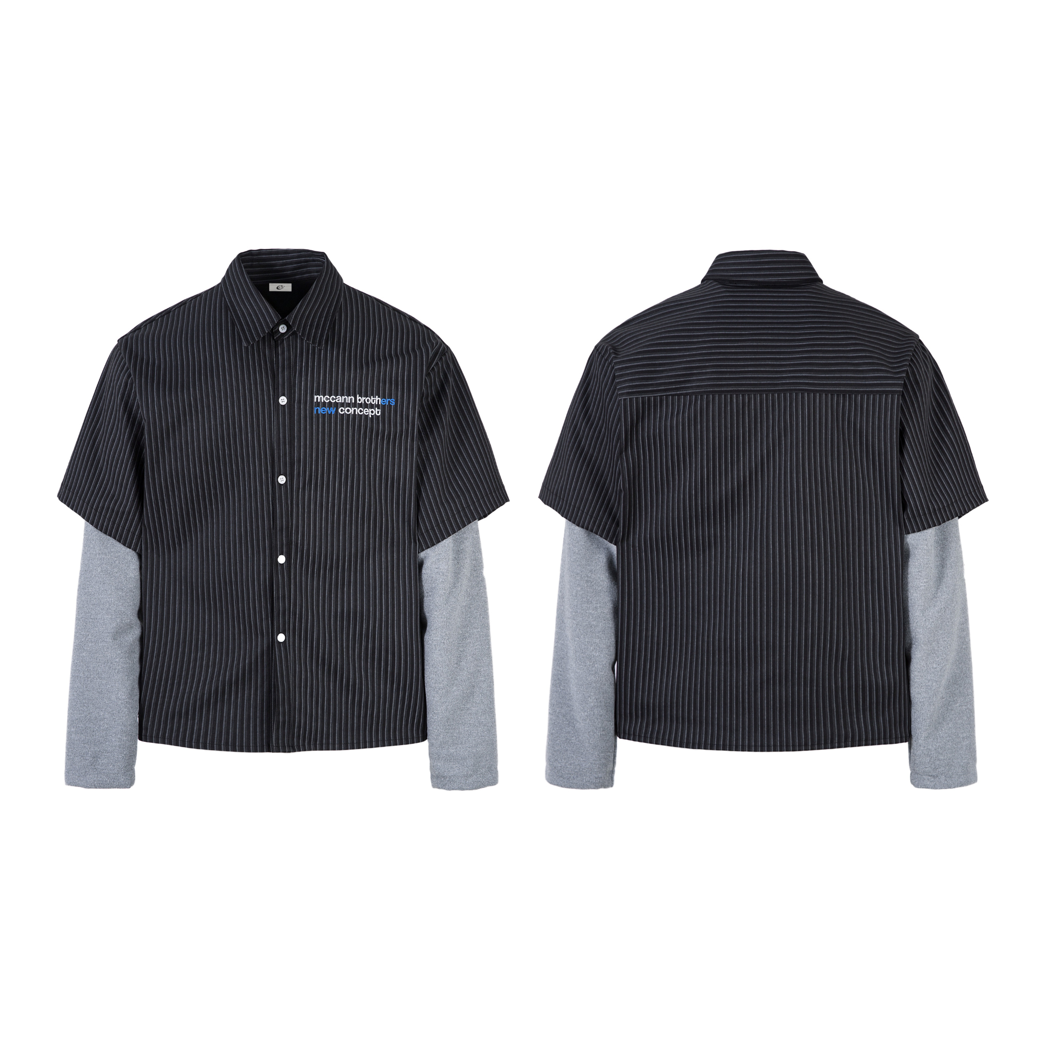Front and back view of a dark pinstripe short-sleeve shirt with built-in heathered grey long sleeves and embroidered chest lo