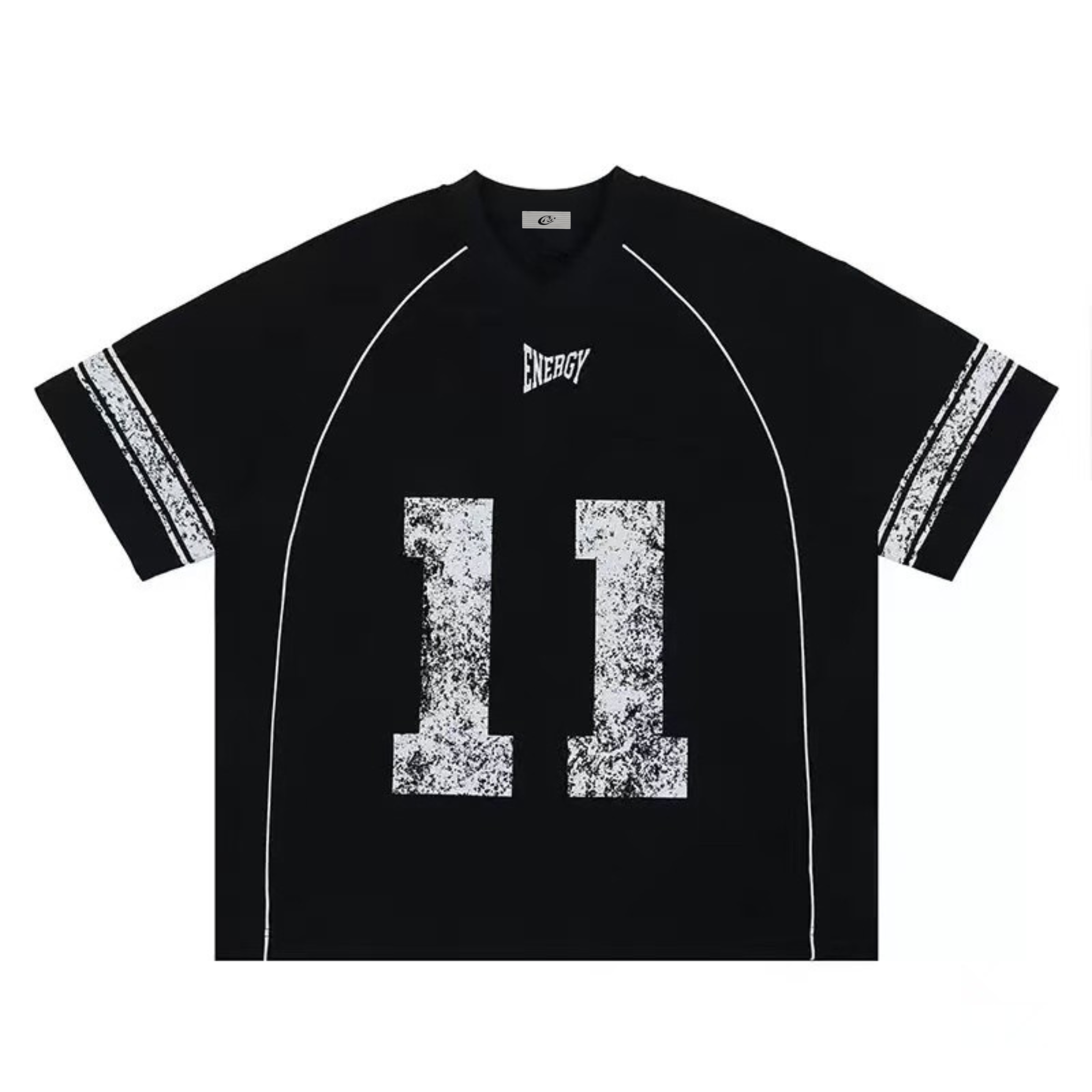 Flat lay of black oversized jersey tee with distressed white number 11 graphic and Energy lettering on chest