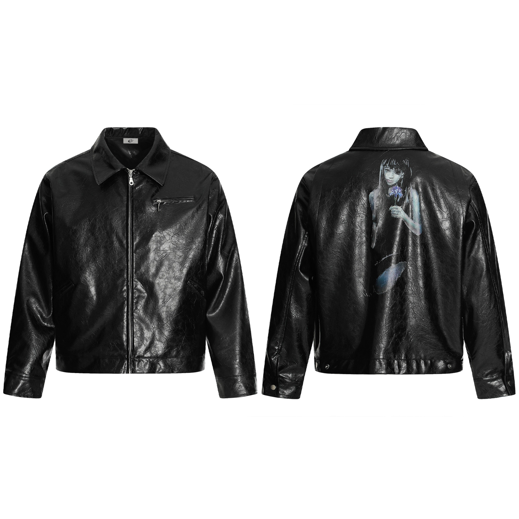 Black crinkled PU leather graphic jacket shown front and back, featuring an artistic figure print on the reverse