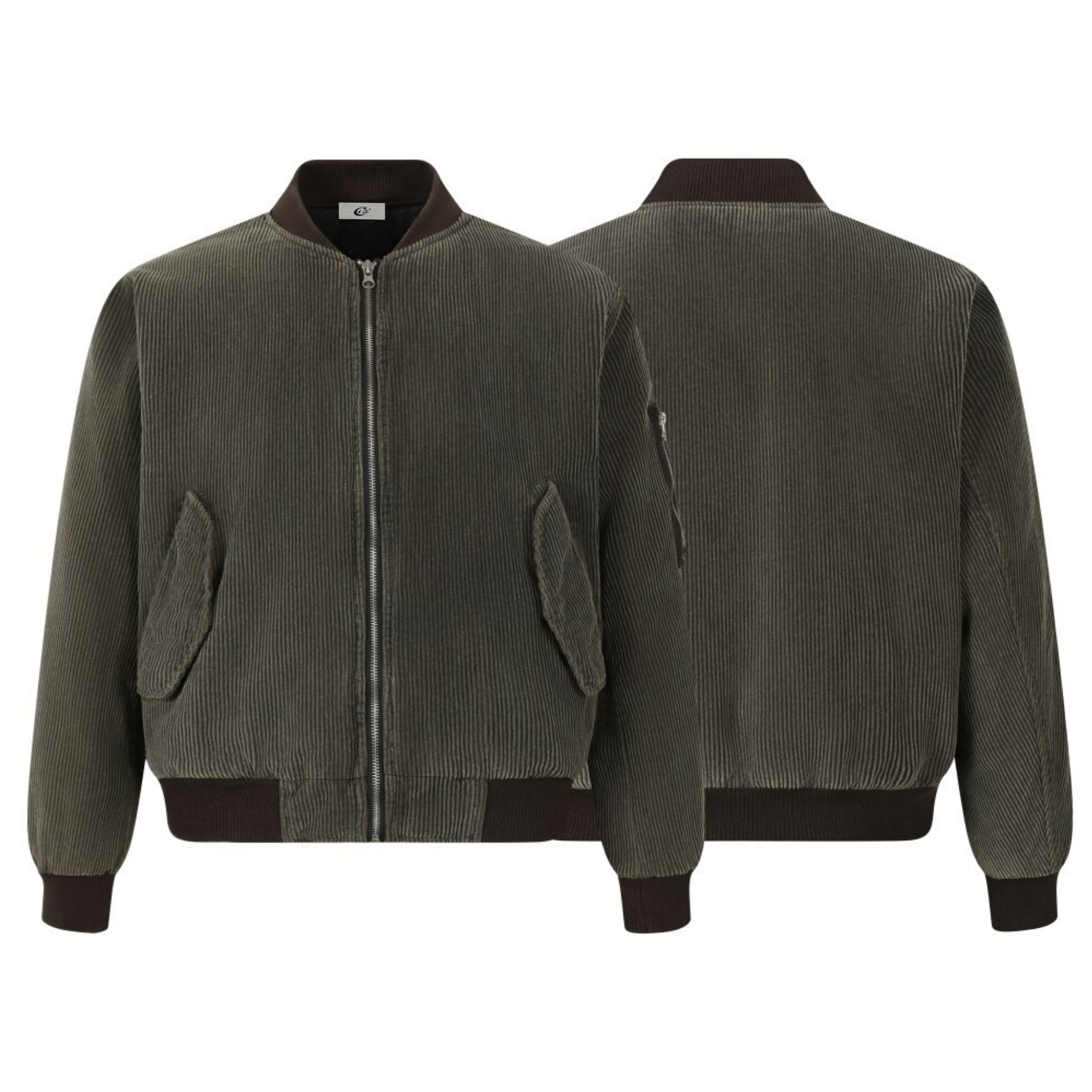Front and back view of olive-grey wide-wale corduroy bomber jacket with dark brown ribbed collar, cuffs, and hem