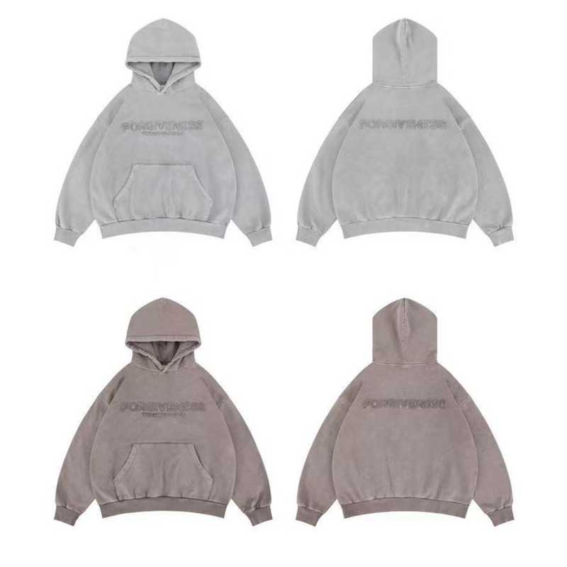 Front and back views of a taupe oversized hoodie with Forgiveness embroidery