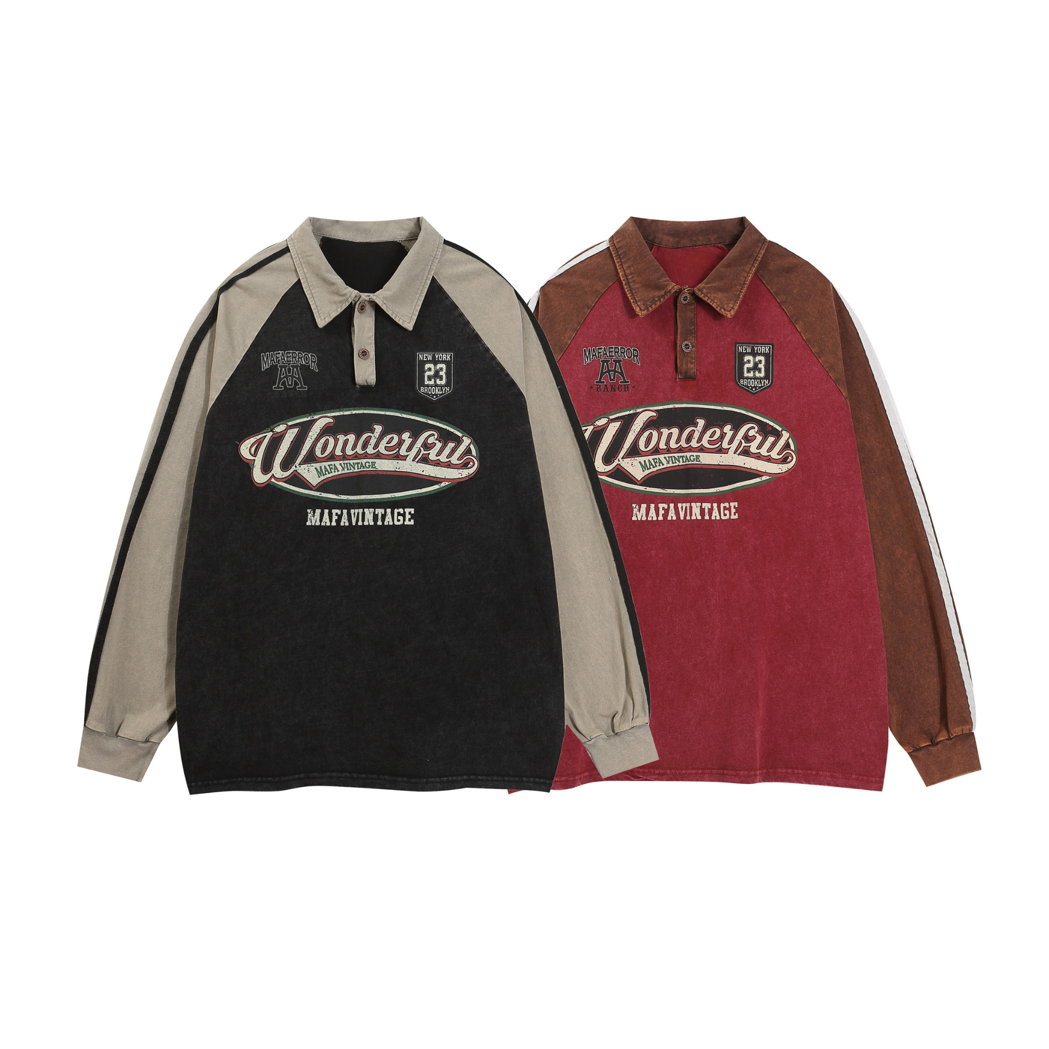 Two Mafa Vintage Rugby Polo Sweatshirts side by side — washed black with khaki sleeves and washed red with brown sleeves, bot