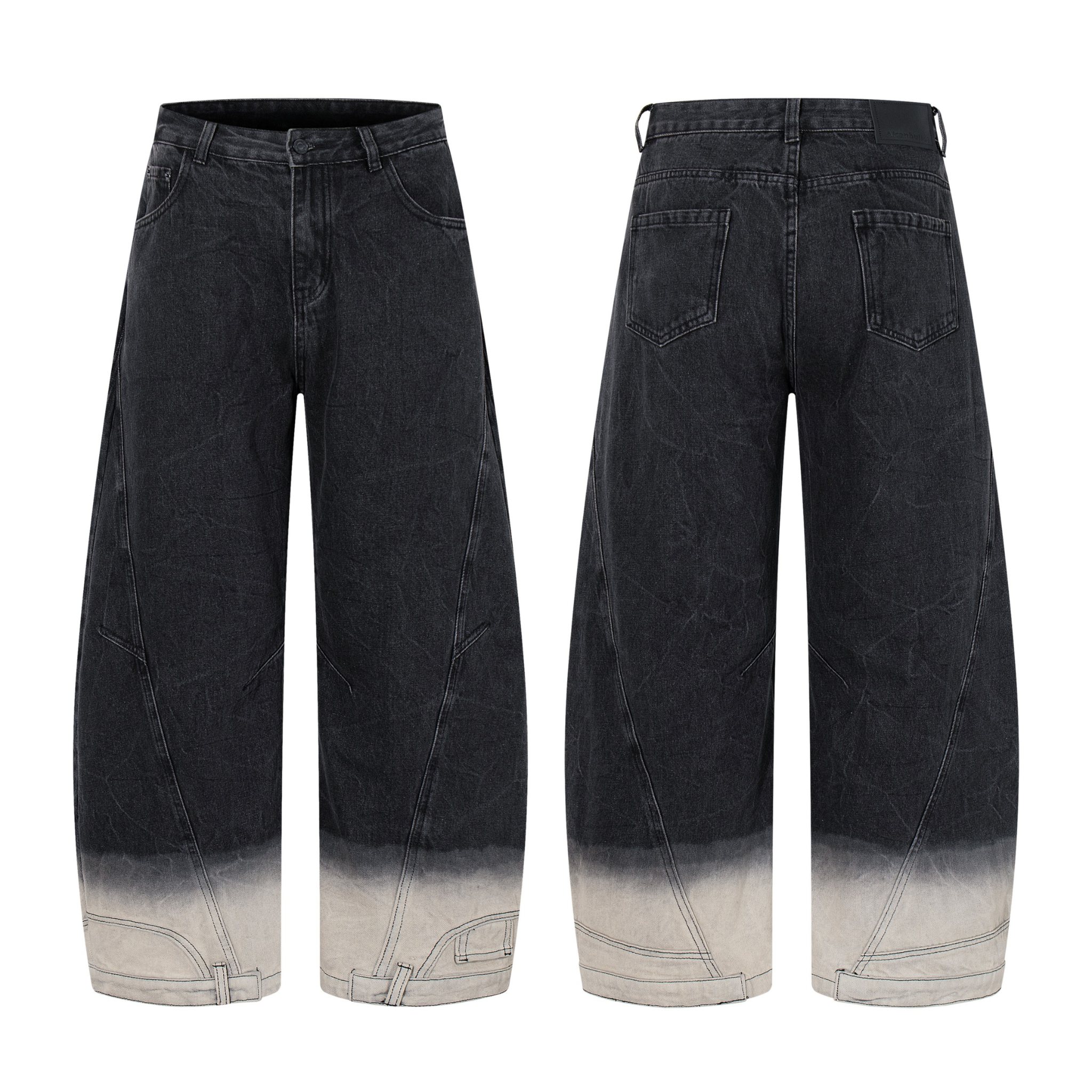 Front and back view of charcoal gradient wide-leg denim jeans with curved panel seams and bleached white hem fade