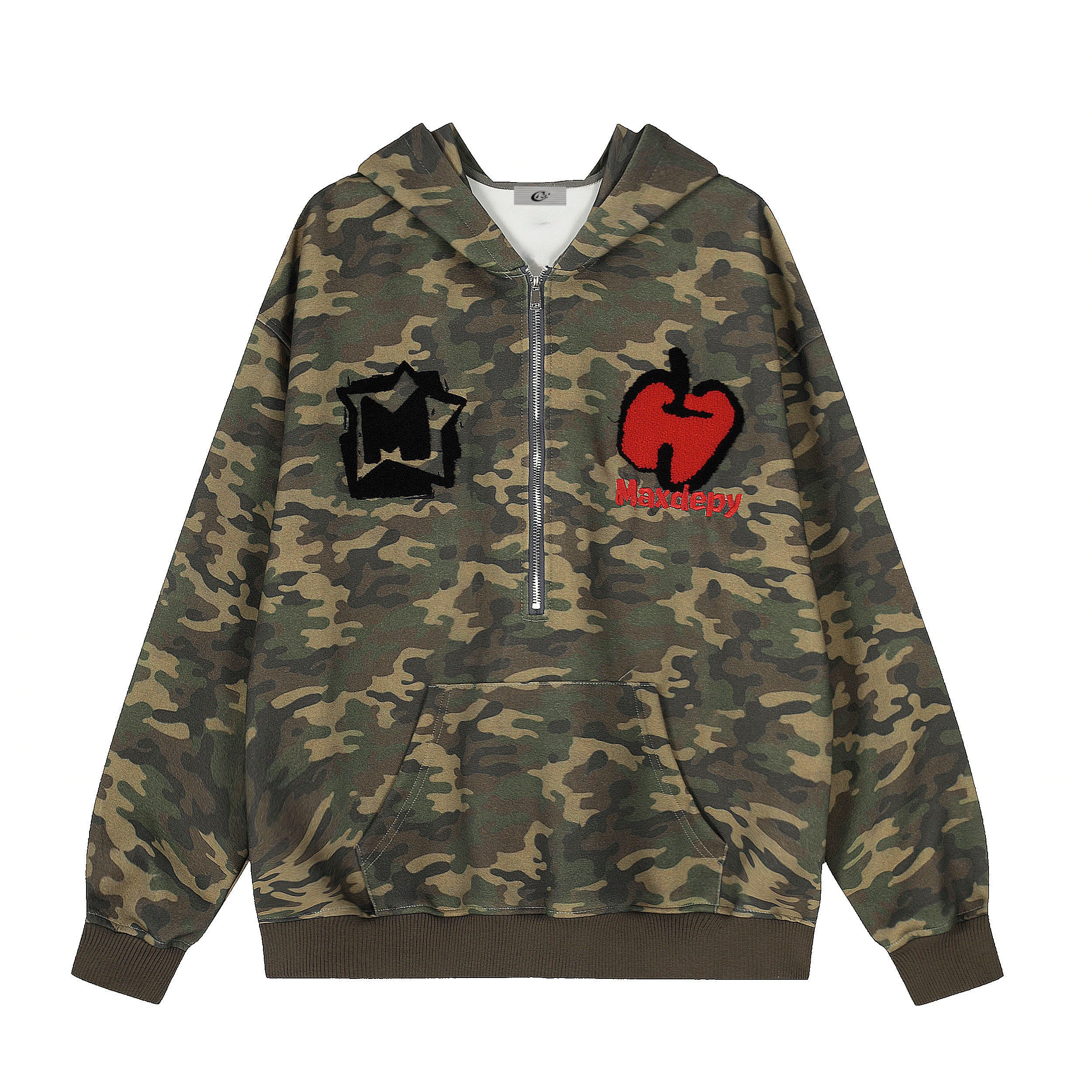 Camo Chenille Patch Half-Zip Hoodie | Streetwear Varsity