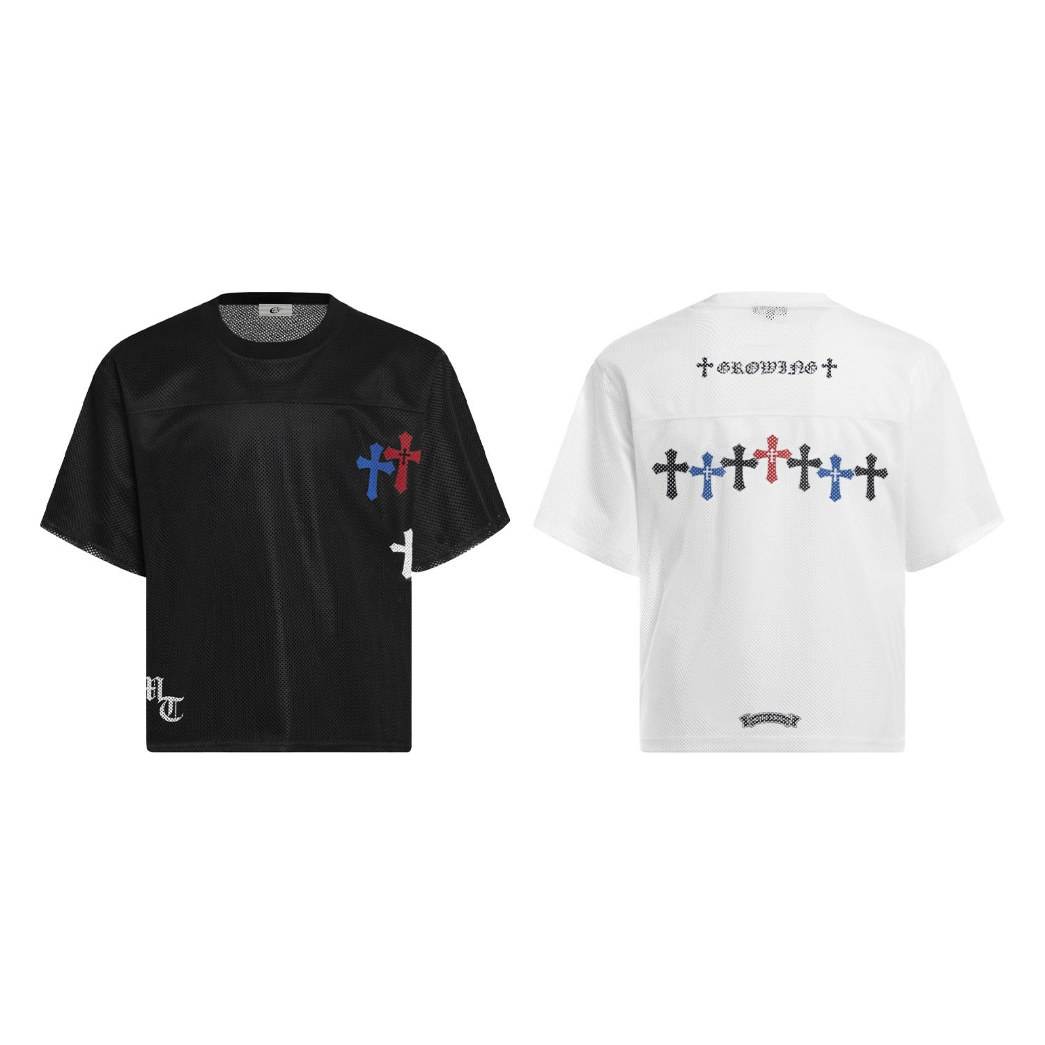 Black boxy mesh jersey tee with blue and red multi-color cross graphics on the chest and gothic lettering on the hem