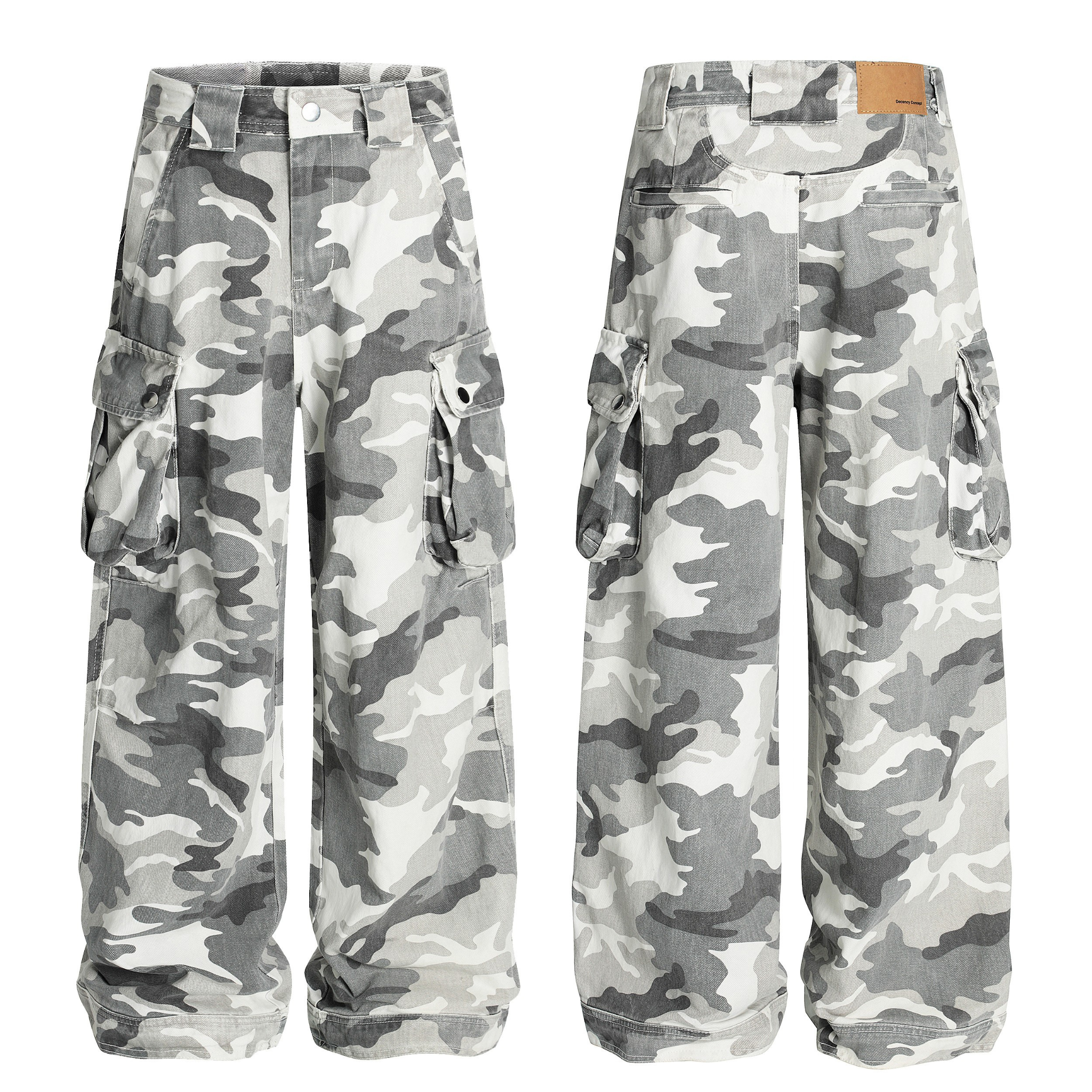 Front and back view of grey and white arctic camouflage wide-leg cargo pants with oversized snap-pocket detailing