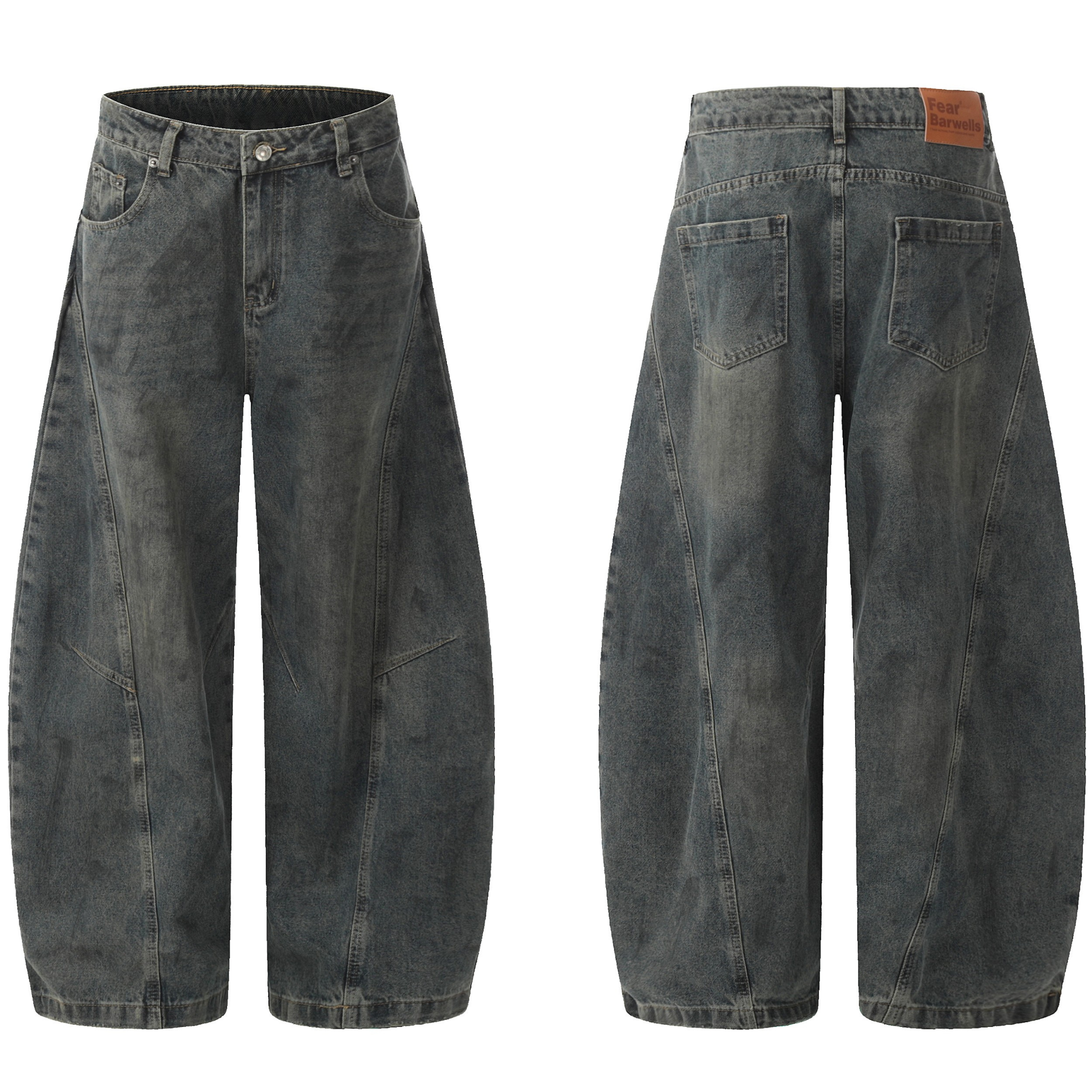 Front and back view of grey washed balloon denim pants with curved panels and directional seams