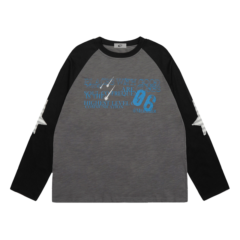 Charcoal gray raglan long-sleeve tee with black sleeves and blue front graphic text
