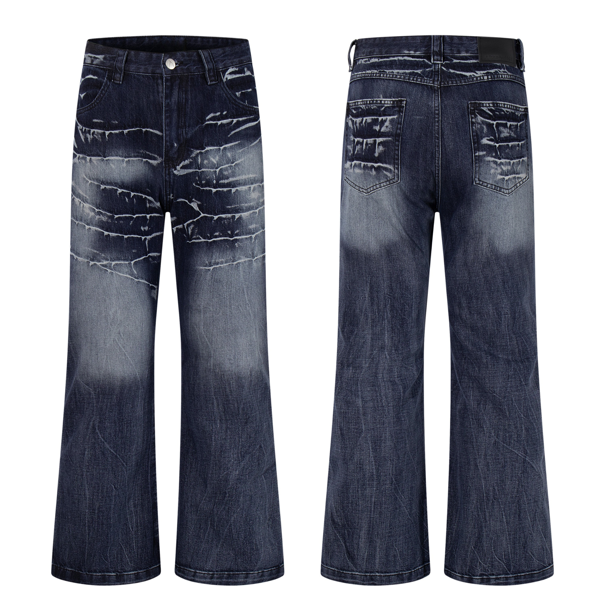 Front and back view of deep indigo wide-leg jeans with horizontal cracked wash abrasion detailing