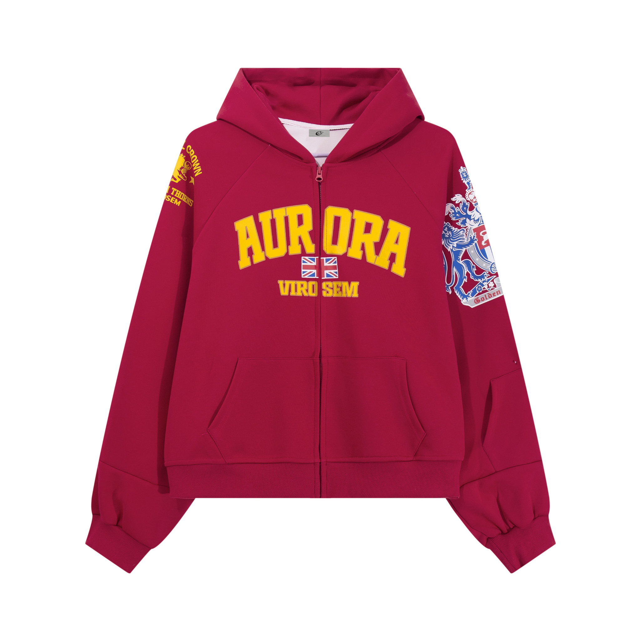 Crimson Aurora varsity zip hoodie with yellow AURORA print, Union Jack detail, and heraldic crest sleeve graphic, front view