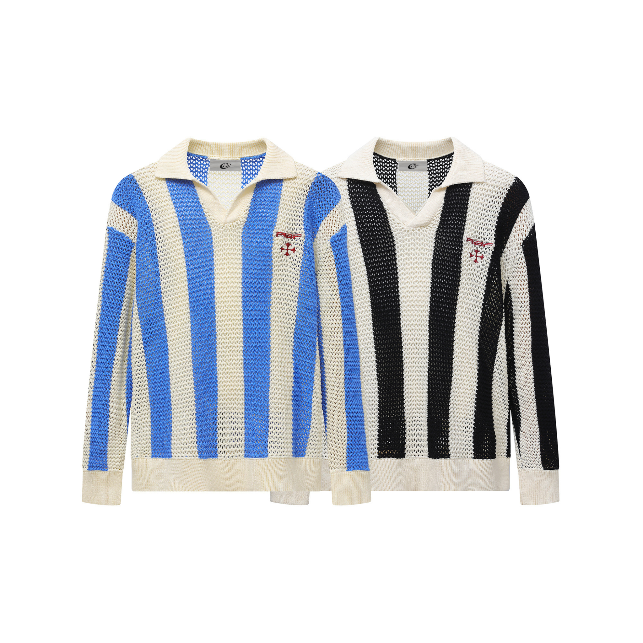 Cream and black open-weave vertical stripe retro mesh knit polo sweater with embroidered chest logo and ribbed cuffs