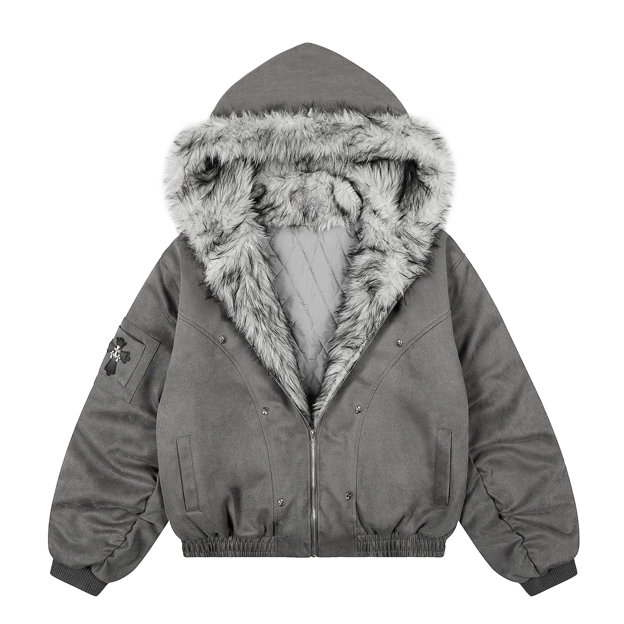 Grey oversized faux-fur lined suede bomber jacket with hood open, showing quilted interior and sleeve patch detail