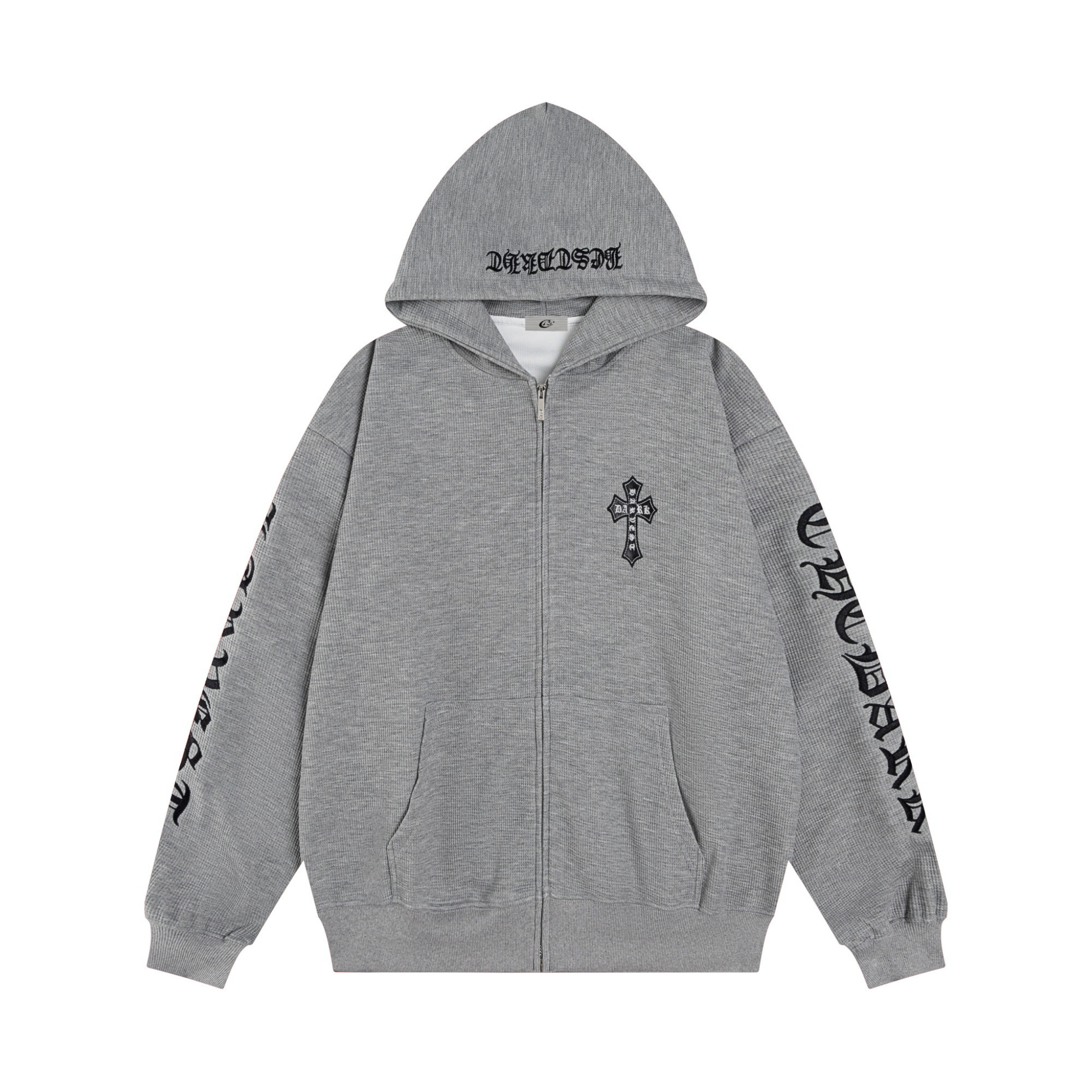 Omirad Gothic Script Zip Hoodie | Cross Emblem Streetwear