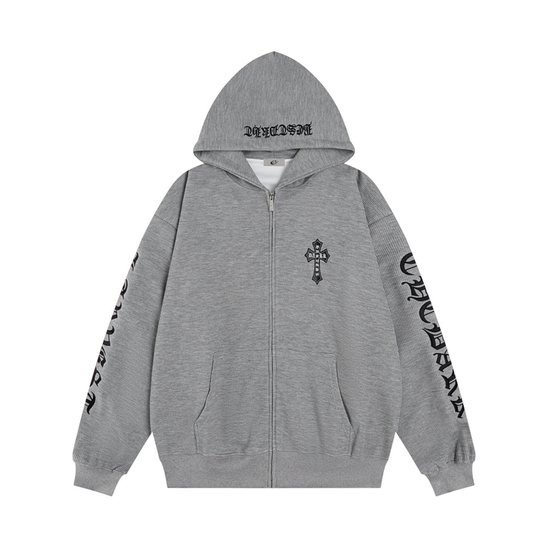 Gray zip hoodie with black gothic script on hood, cross emblem on chest, front view
