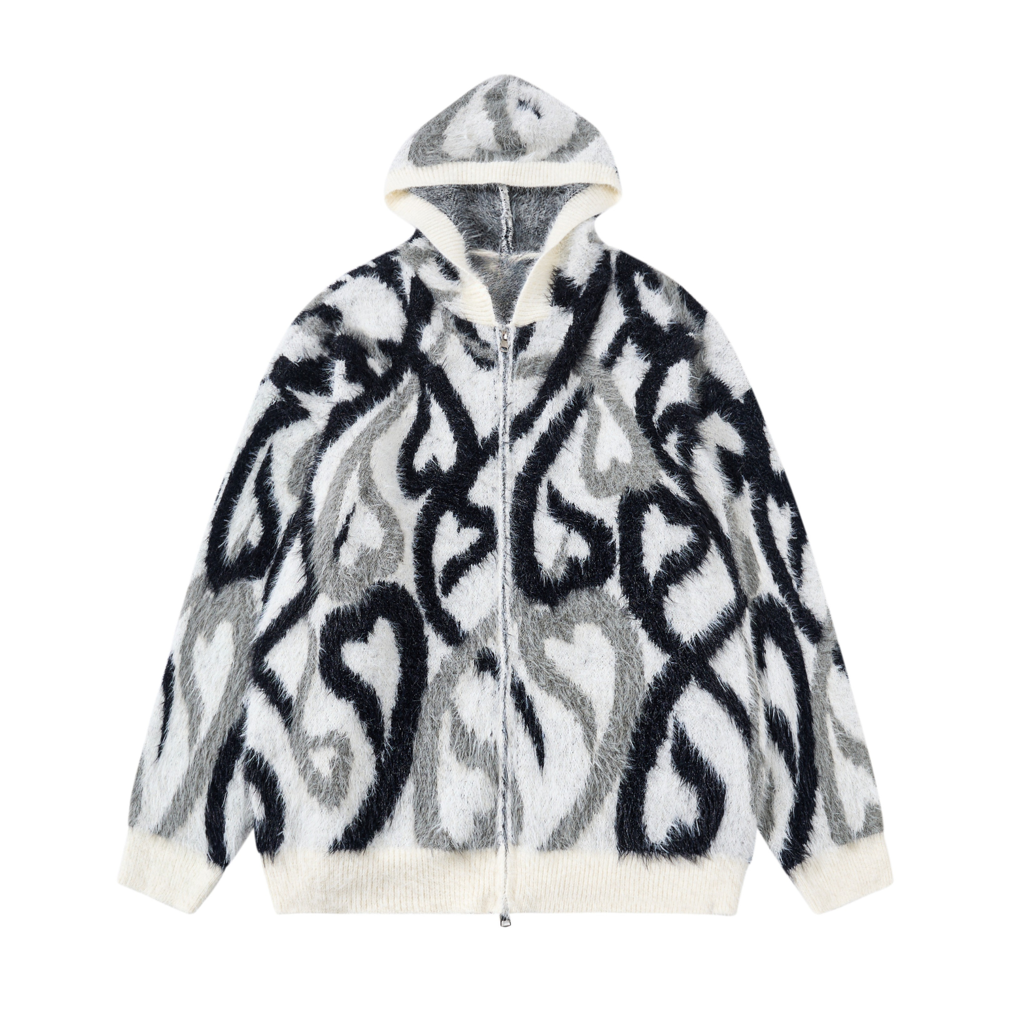 Abstract Flame Pattern Faux-Fur Zip Hoodie | Streetwear