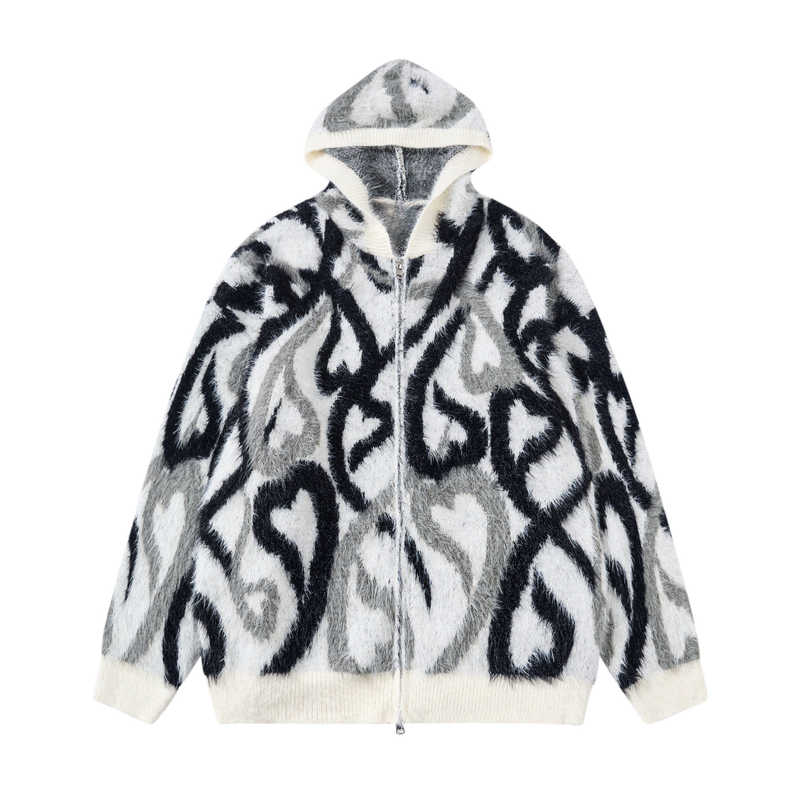 Front view of black and white faux-fur zip hoodie with abstract flame pattern and hood up