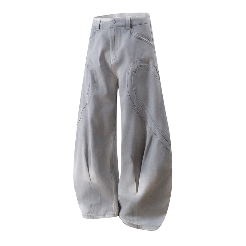 Front angled view of gray balloon wide-leg jeans showing sculpted seam detailing and wide hems