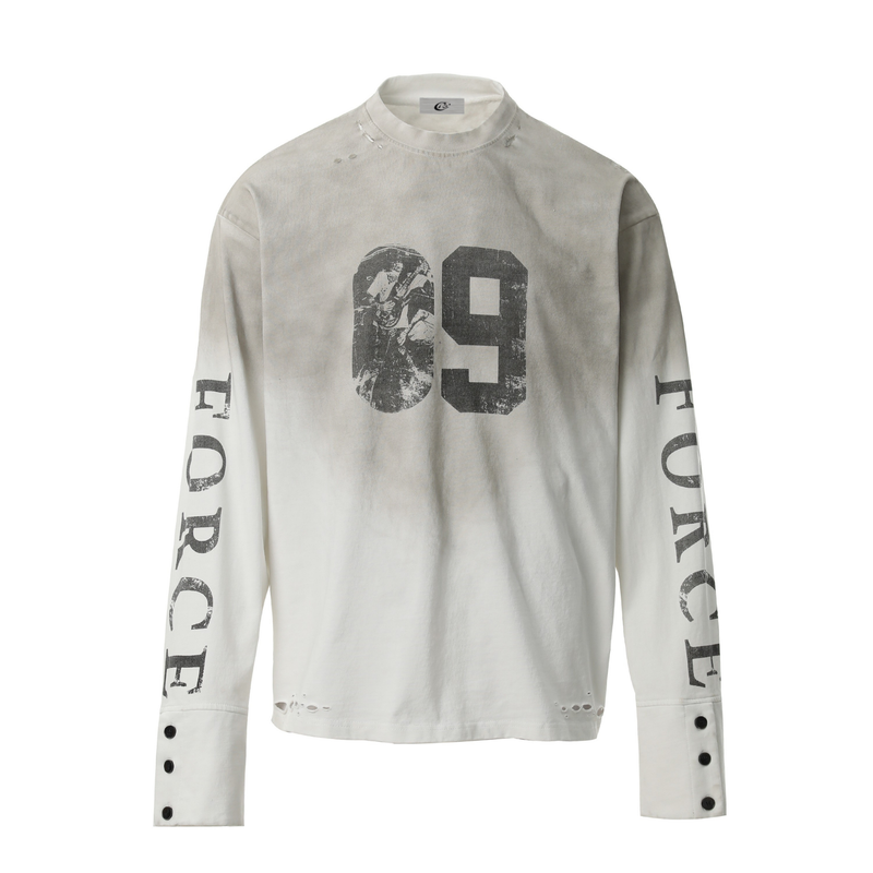 Cream long-sleeve tee with distressed number 69 graphic and sleeve lettering, front view