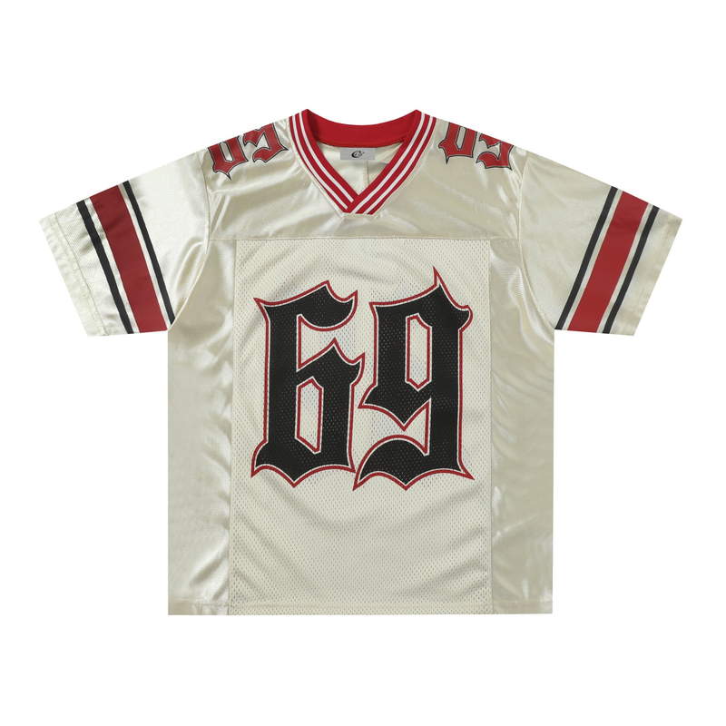 Retro gothic football jersey tee in cream and red with bold black 69 graphic and striped sleeves
