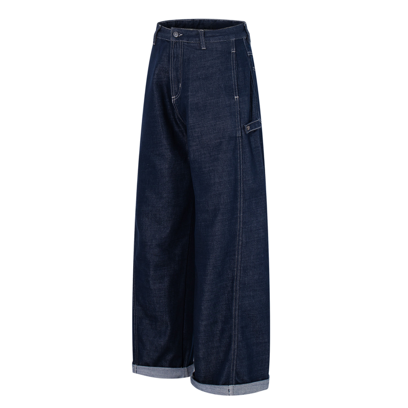 Angled front view of deep-indigo wide-leg jeans with cuffed hems and utility side tab