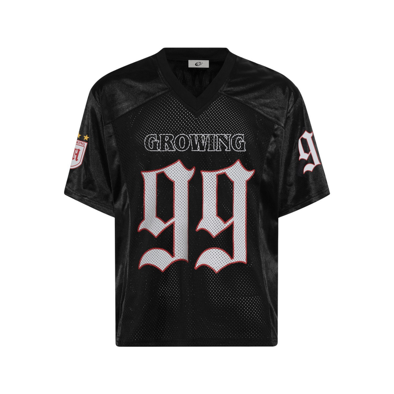 Black gothic mesh football jersey tee with oversized fit, bold front graphic, and short sleeves on white background