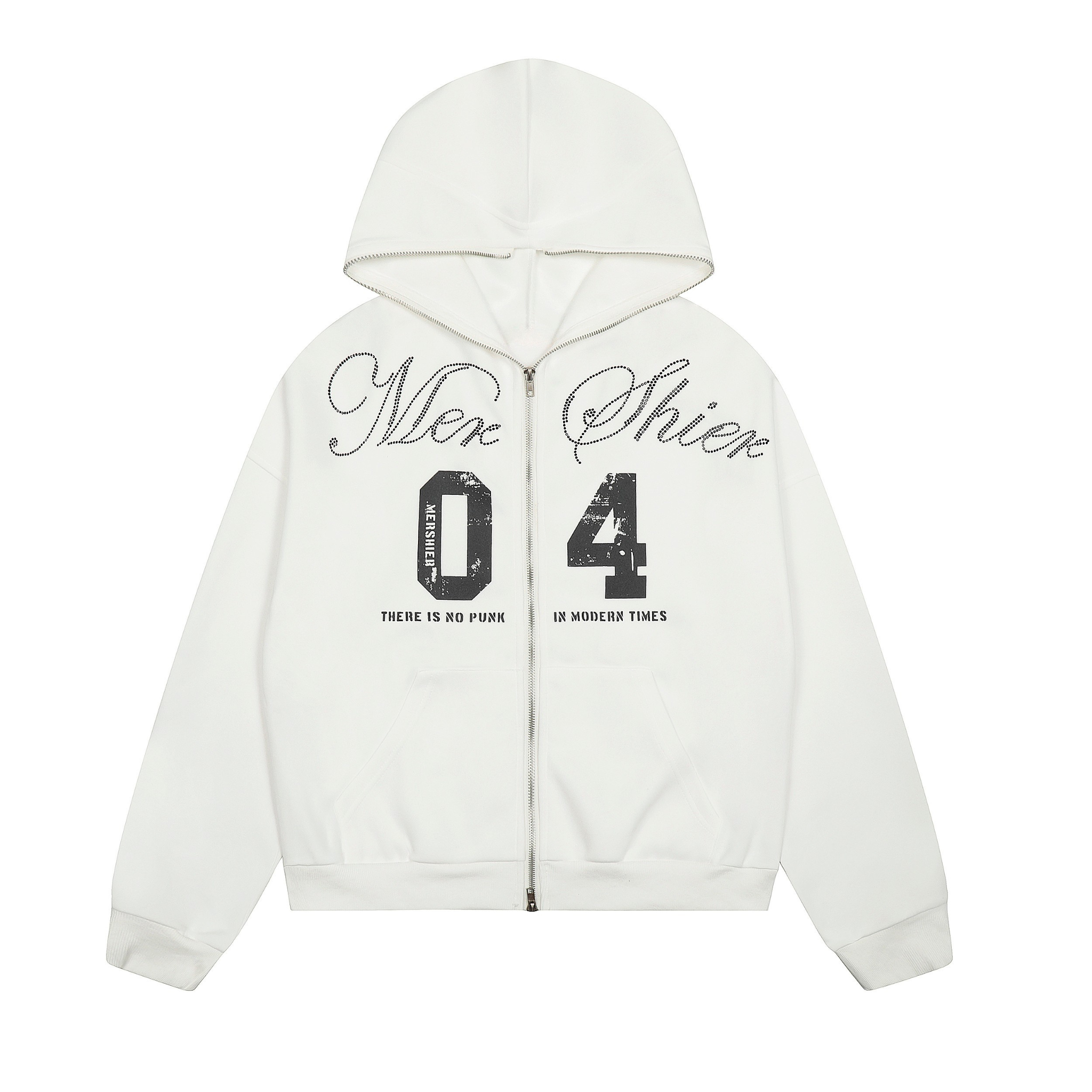 White zip-up hoodie with rhinestone script lettering and distressed varsity 04 graphic on chest, laid flat