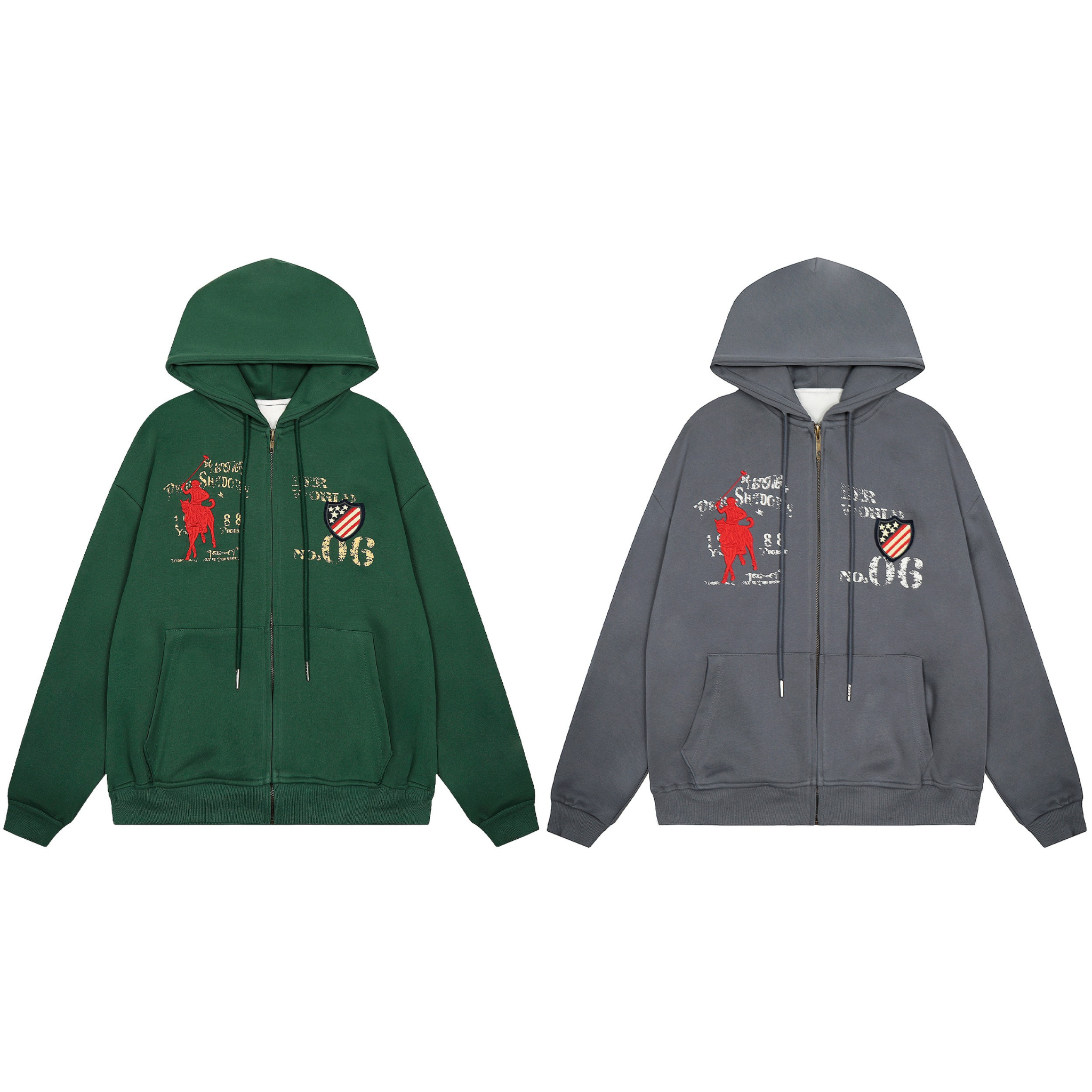 Oversized green zip-up hoodie with red polo rider embroidery, American shield badge patch, and distressed No. 06 graphic prin