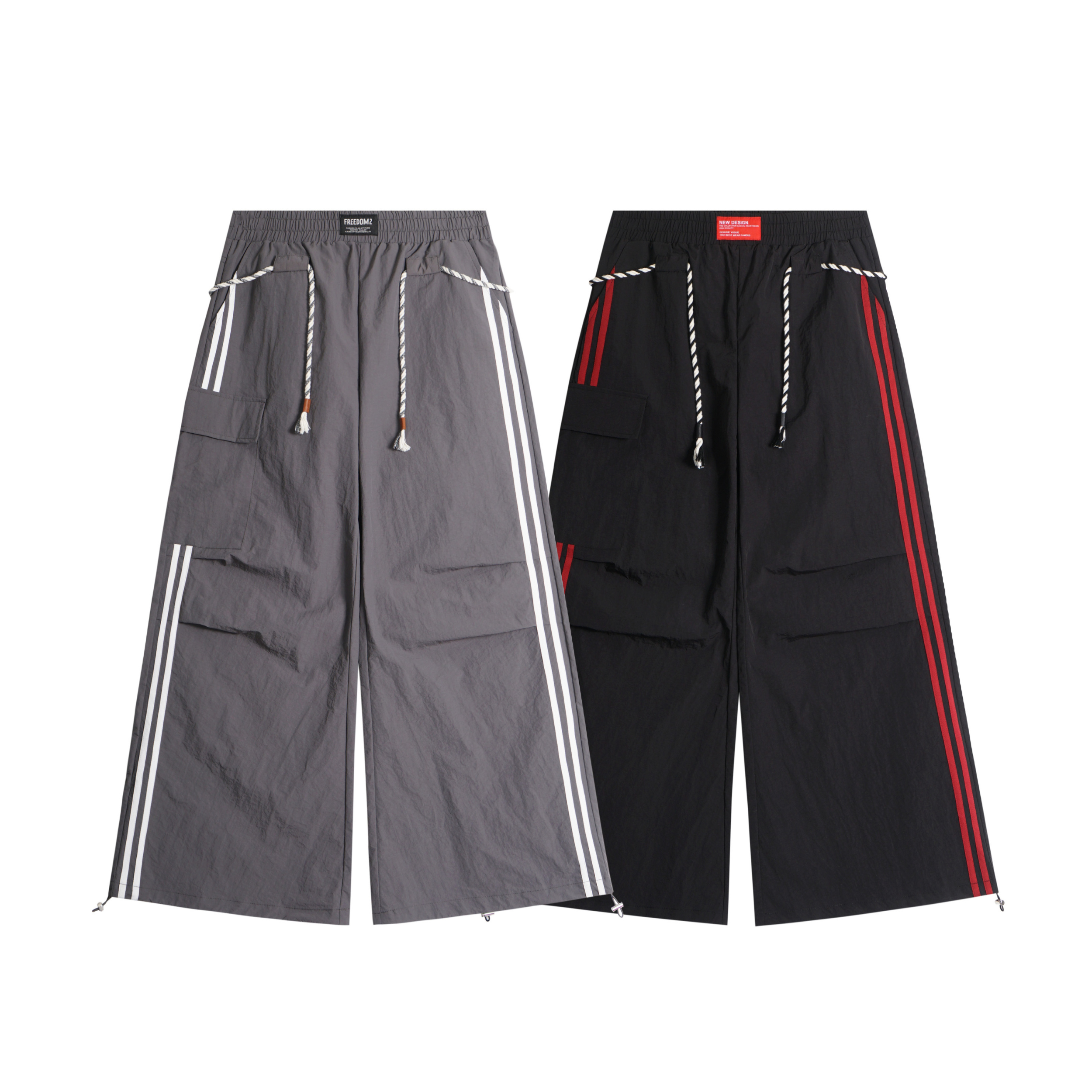 Grey and black wide-leg nylon cargo pants with contrast side stripes and rope drawstring waistband, shown side by side