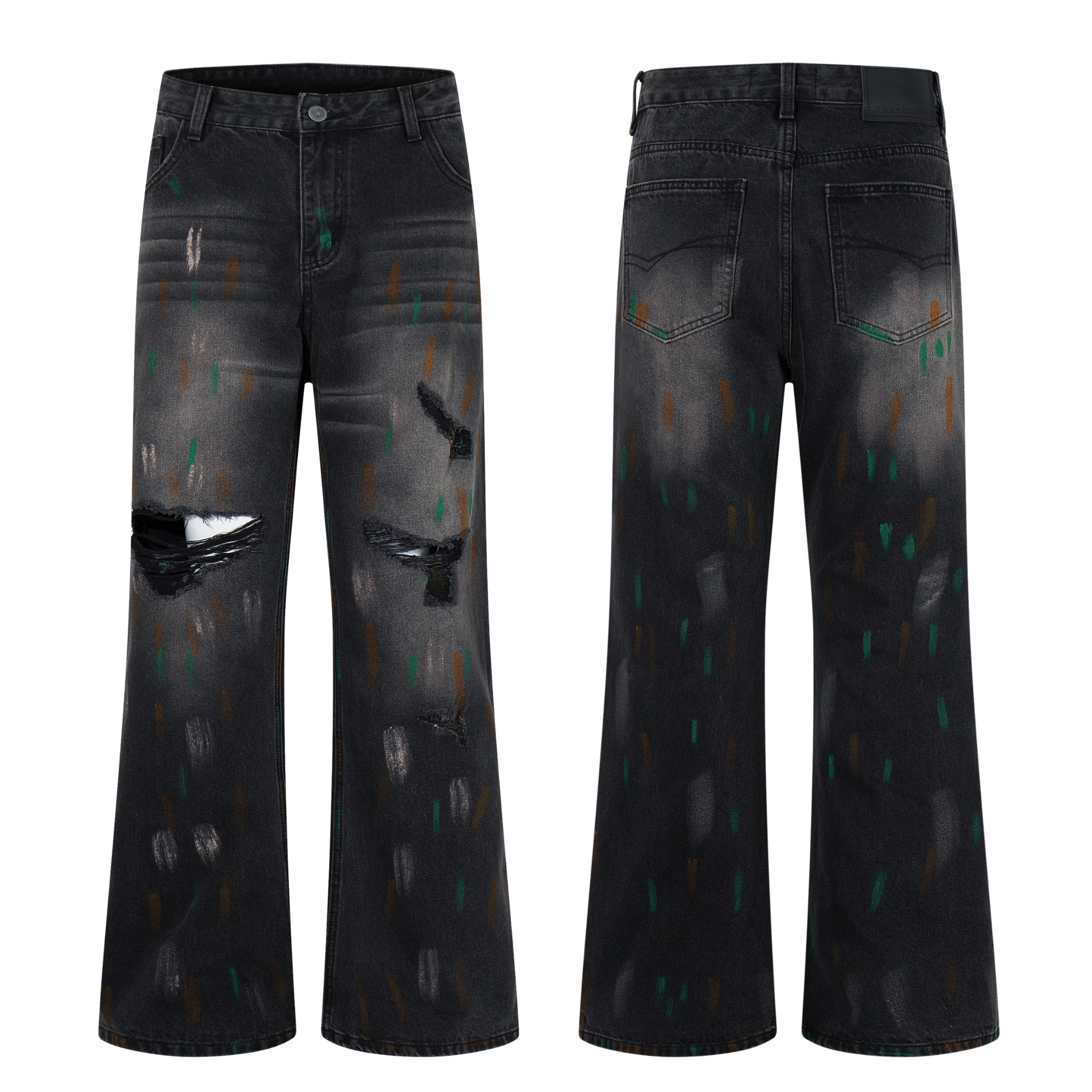 Front and back view of washed black wide-leg jeans with painted brush-stroke details and distressed knee rips