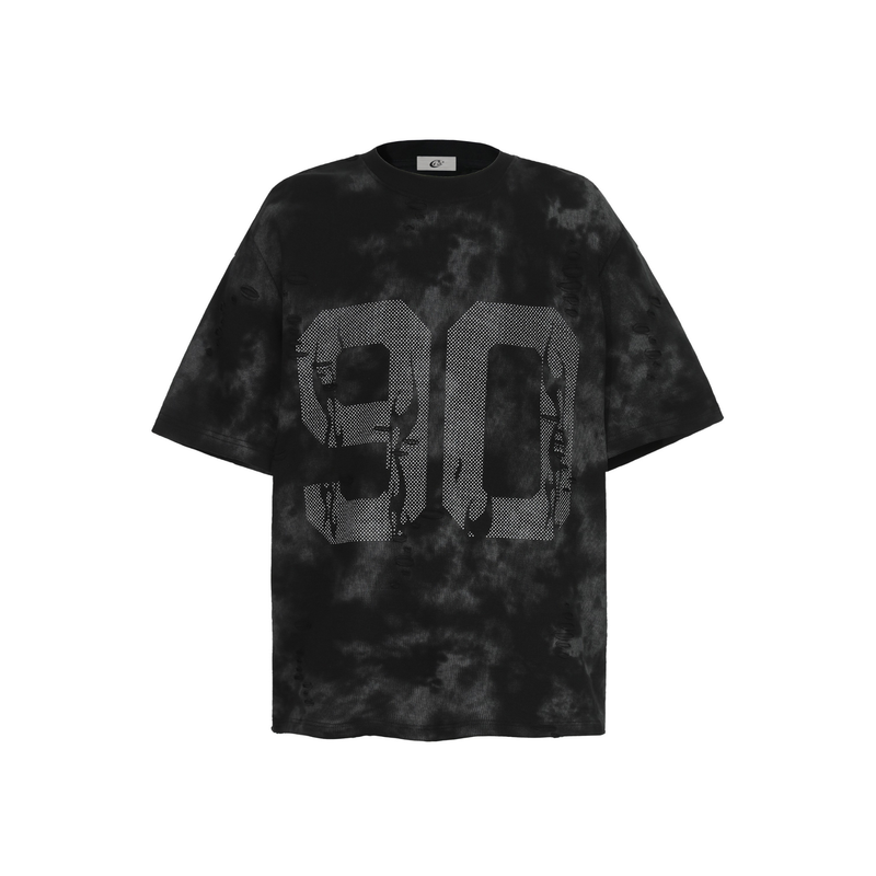 Black oversized marbled wash tee with distressed 90 graphic print on the front