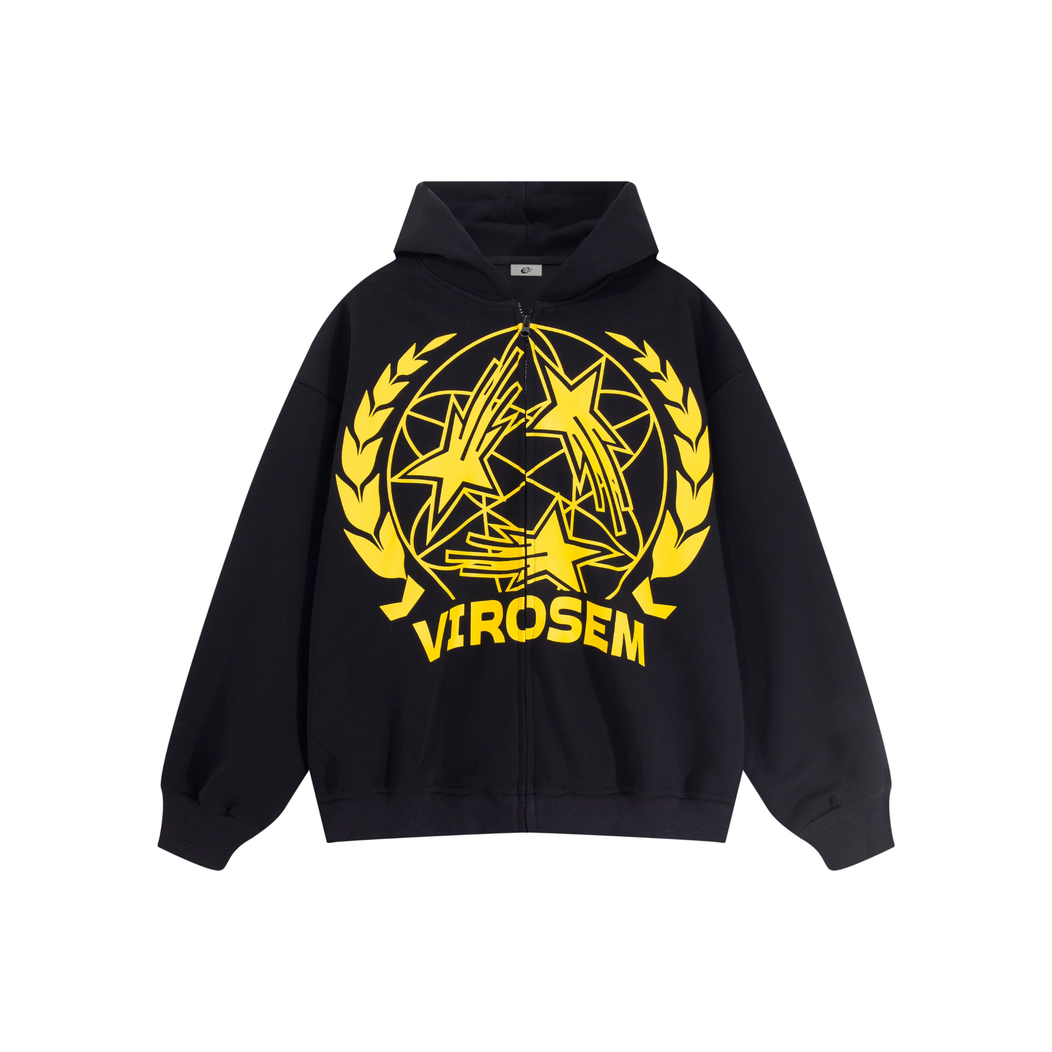 Black oversized zip hoodie with yellow Virosem star crest and laurel wreath graphic on the front