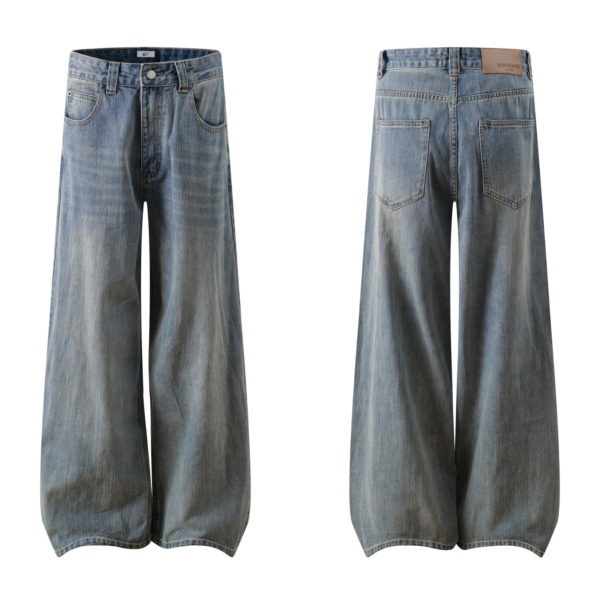 Front and back view of light blue vintage washed balloon wide-leg jeans with whisker fading and five-pocket design