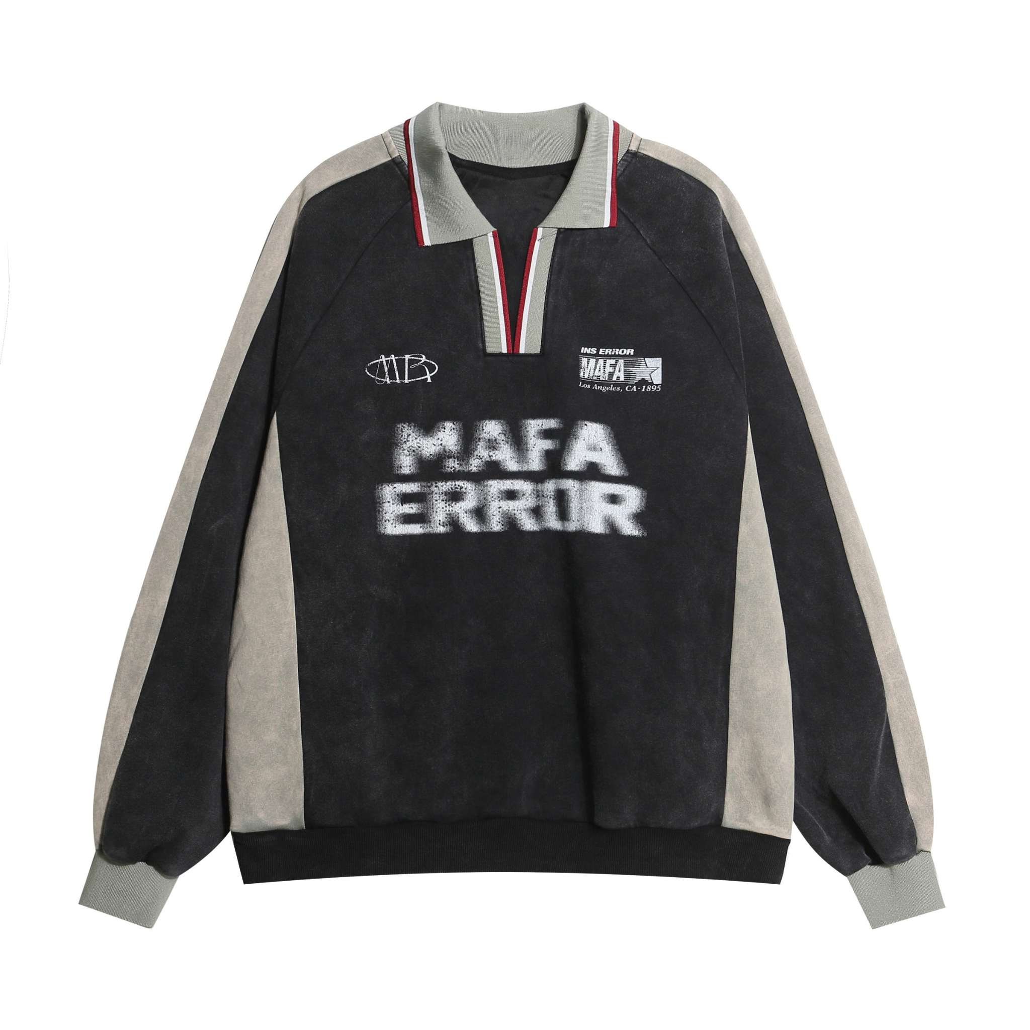 Washed black and grey spray-print rugby sweatshirt with MAFA ERROR graphic, striped polo collar and contrast raglan panels