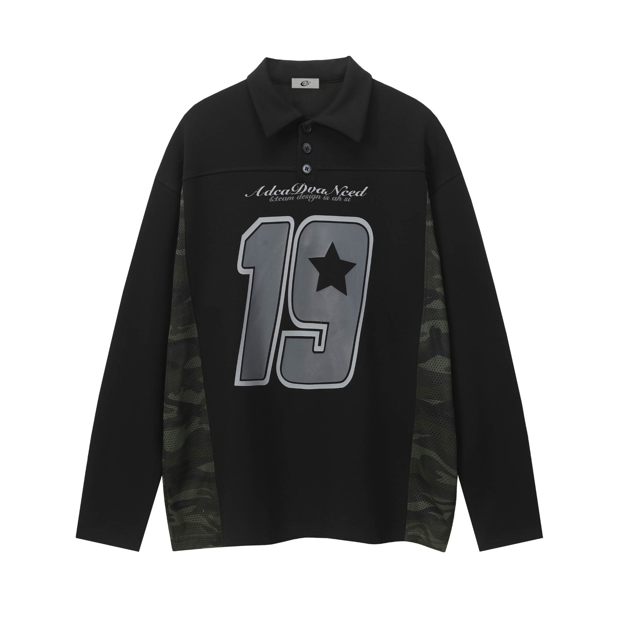 Black long sleeve polo shirt with varsity number 19 graphic and olive camo mesh side panels, front view