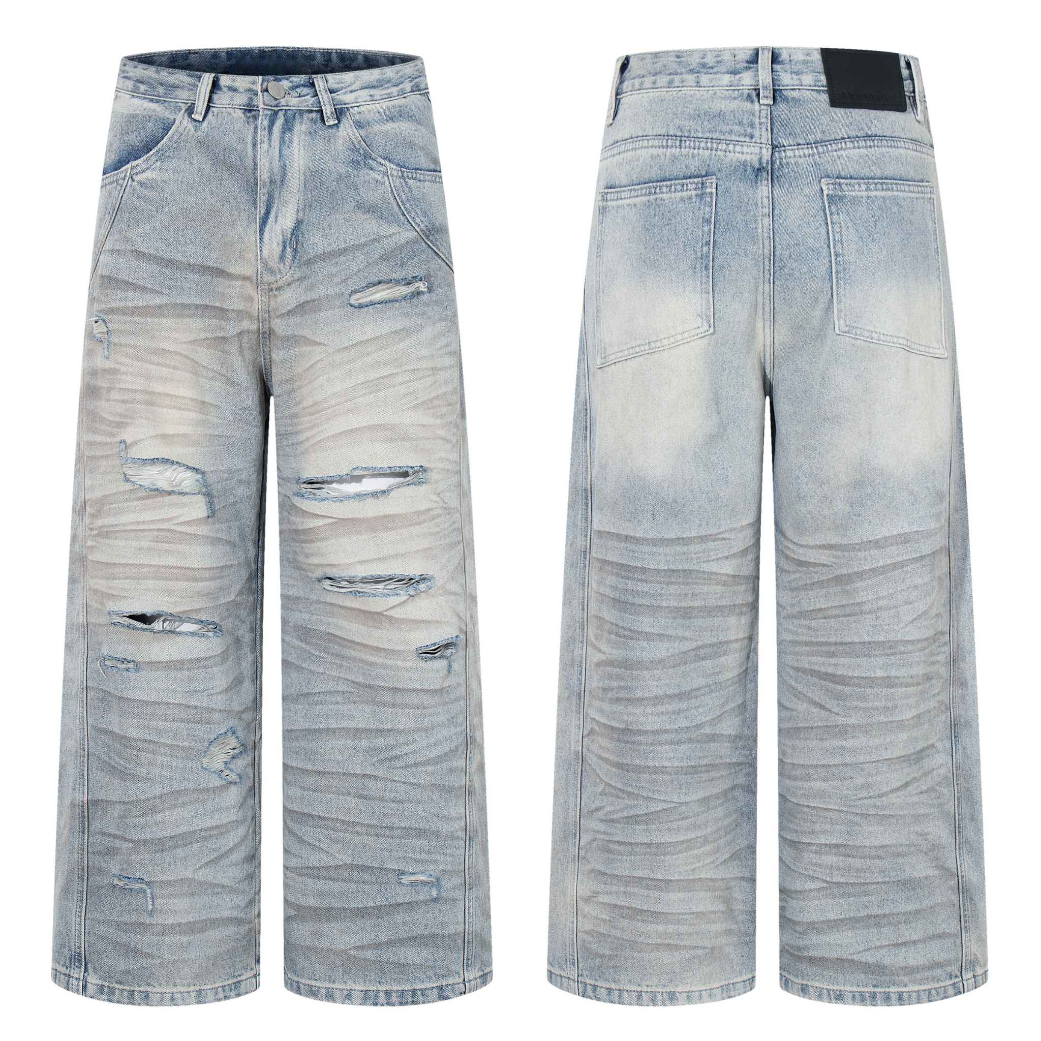 Front and back view of light-wash wide-leg jeans with heavy 3D whiskering and multiple ripped distressed cuts on the front le