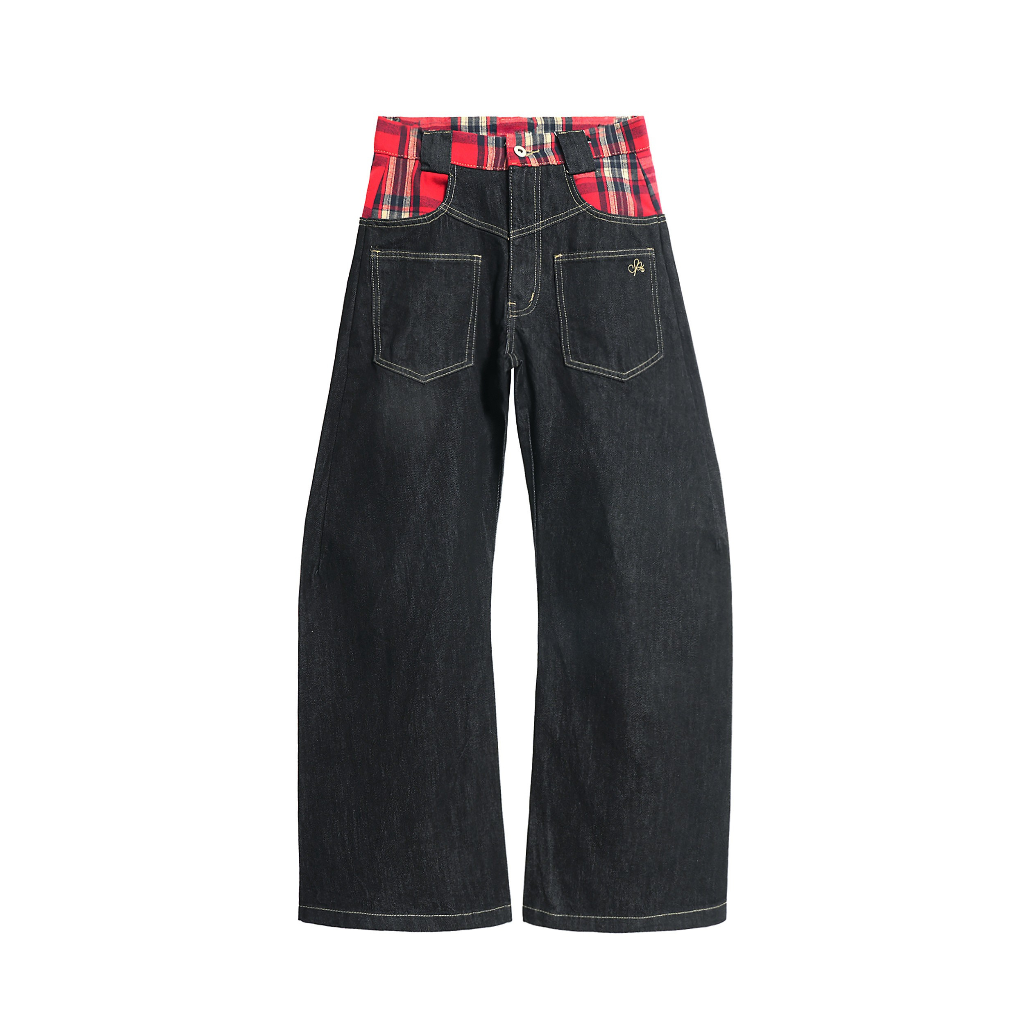 Plaid-Waist Wide-Leg Denim Pants | Retro Streetwear Jeans