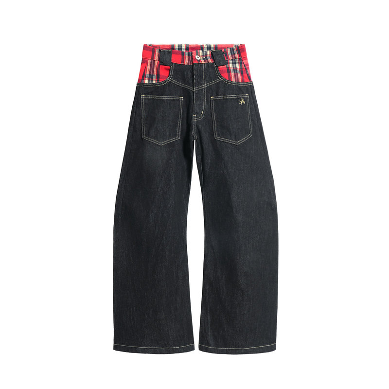 Plaid-Waist Wide-Leg Denim Pants | Retro Streetwear Jeans