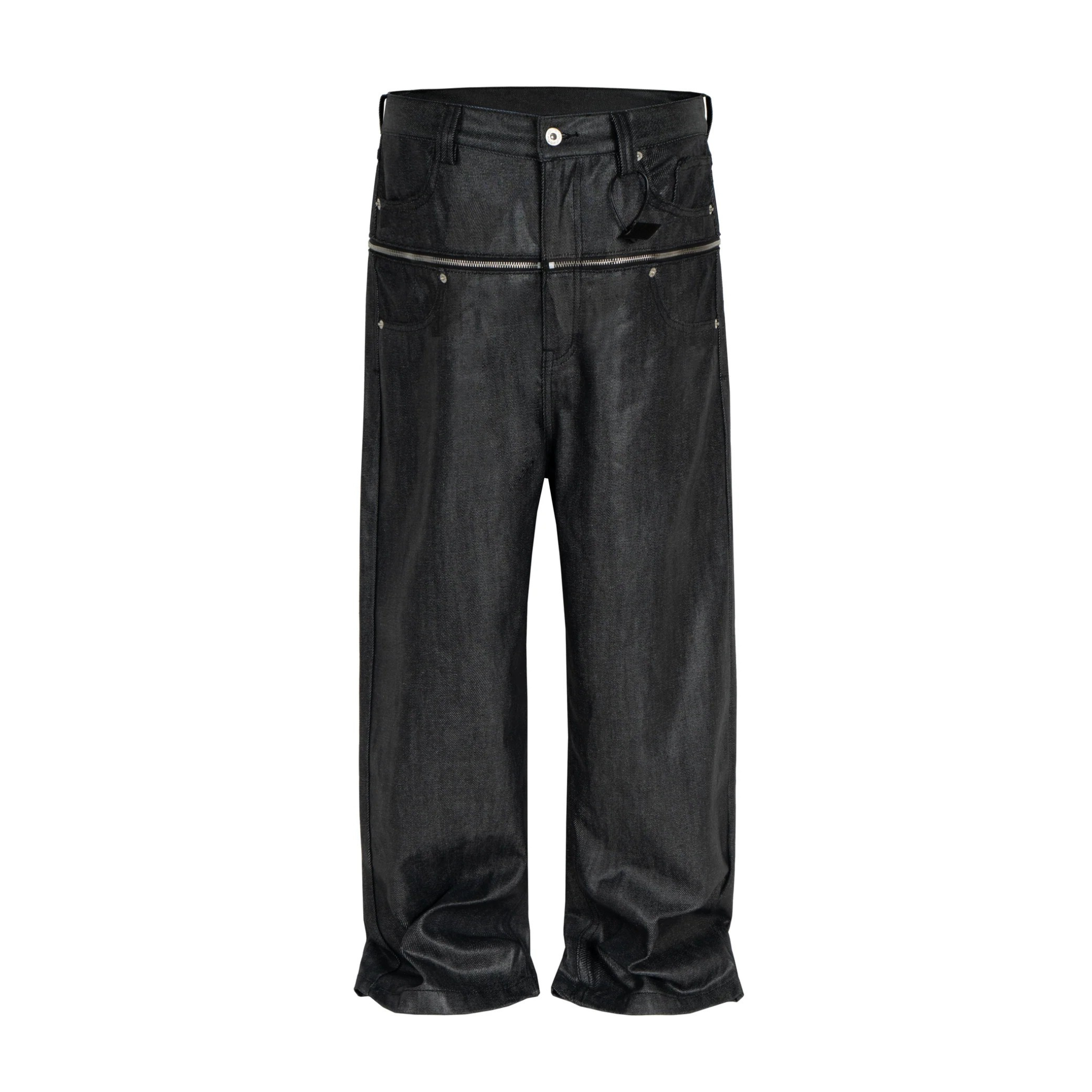 Front view of Omirad black coated wide-leg denim pants with double waist zipper detail